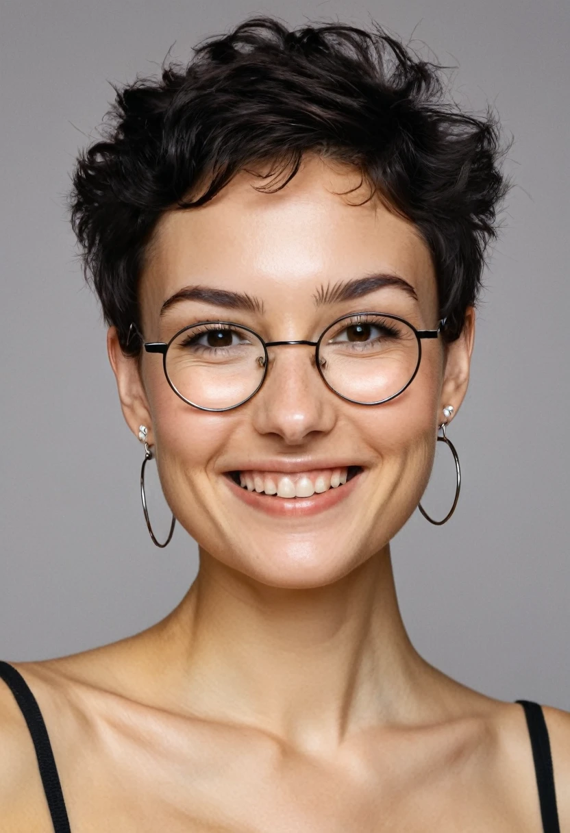 portrait of a woman with only shoulders and face visible, sporting a slightly curly and voluminous pixie cut, delicate ears with silver hoop earrings, wearing a necklace with a round pearl at the end, the texture of the necklace is a fine black cord, with slender eyes that are not fully open, highlighted and mascara, very finely drawn and textured eyebrows, square jaw, slightly tanned skin with more imperfections yet smooth, thin non-round glasses with very fine black resin temples and a thin silver metal frame, small nose, smiling at the camera without showing teeth, embodying a sly and toxic personality with a bad bitch facial expression, high-resolution, hyperdetailed photography, soft light, close-up shot, realistic skin texture, thinner cheeks, fine neck, round face
