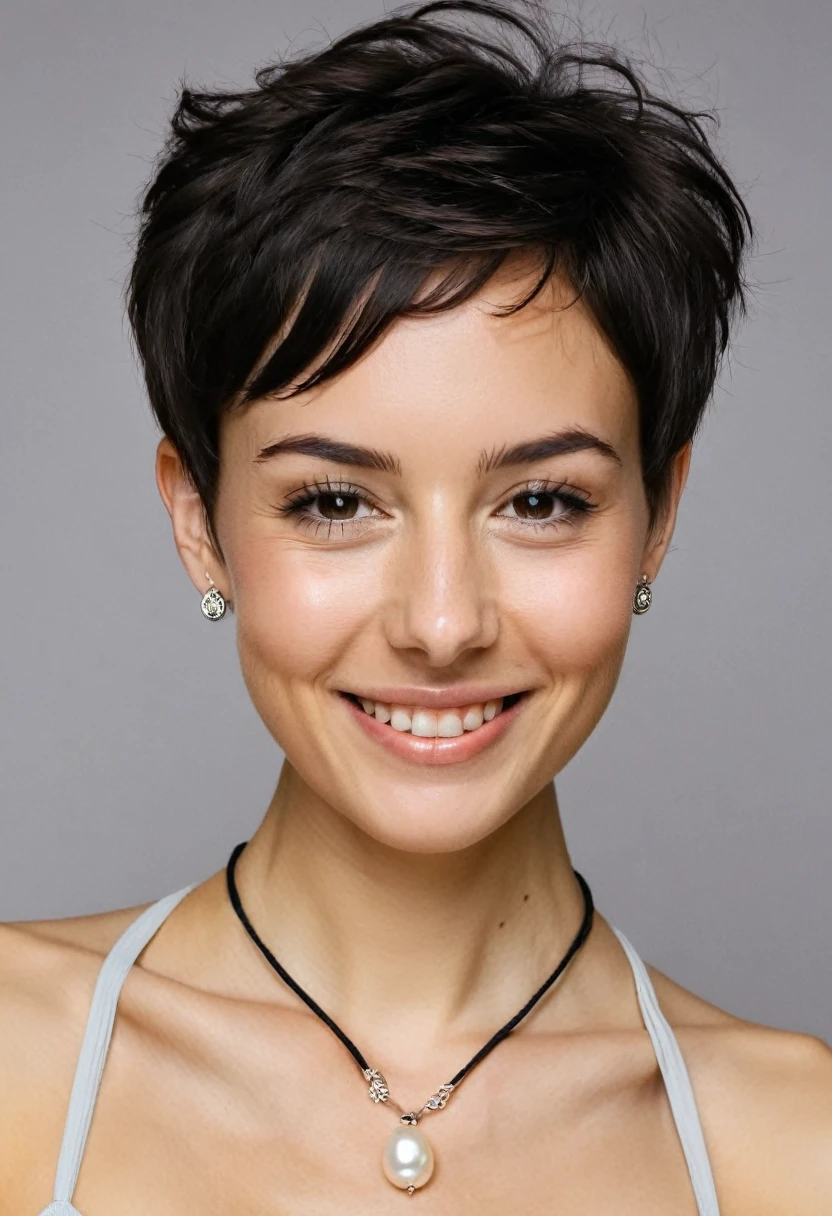 portrait of a woman with only shoulders and face visible, sporting a slightly curly and voluminous pixie cut, delicate ears with silver hoop earrings, wearing a necklace with a round pearl at the end, the texture of the necklace is a fine black cord, with slender eyes that are not fully open, highlighted and mascara, very finely drawn and textured eyebrows, square jaw, slightly tanned skin with more imperfections yet smooth, thin non-round glasses with very fine black resin temples and a thin silver metal frame, small nose, smiling at the camera without showing teeth, embodying a sly and toxic personality with a bad bitch facial expression, high-resolution, hyperdetailed photography, soft light, close-up shot, realistic skin texture, thinner cheeks, fine neck, round face
