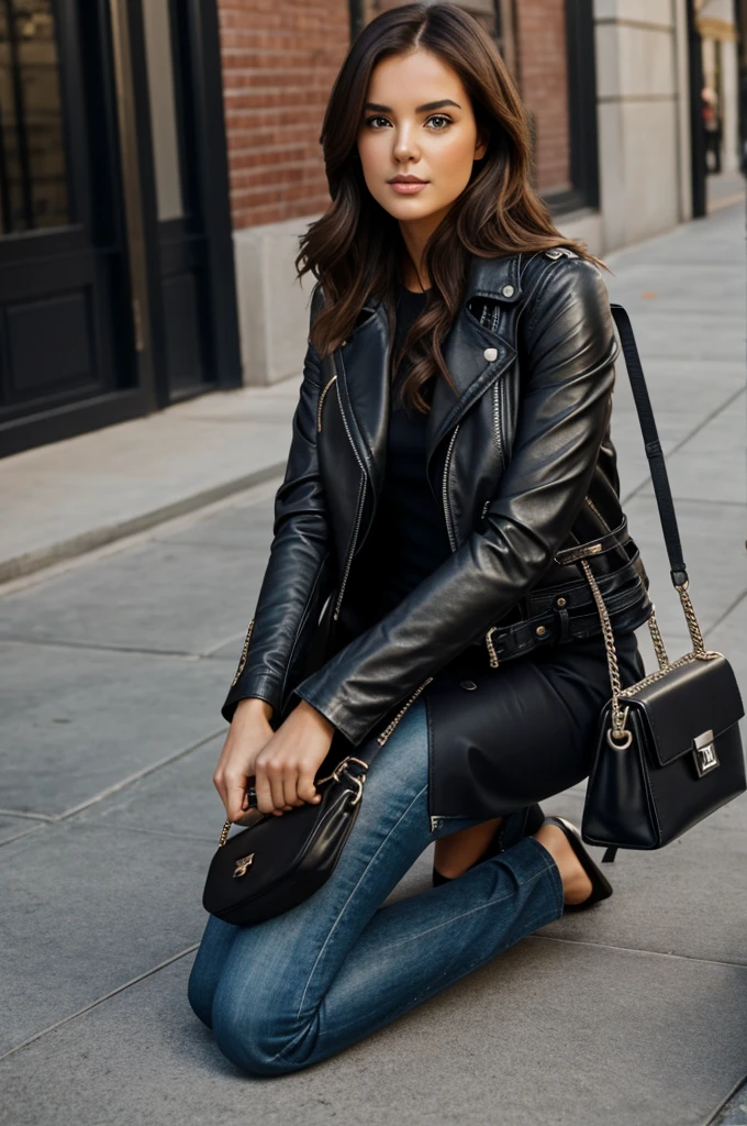 Girl with leather jacket Michael Kors bag kneeling 