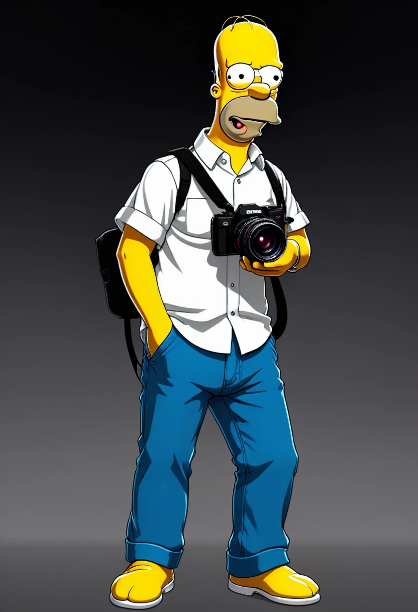 2D, Homer Simpson, white shirt, blue pants, holding a photo camera, frontal view, full posture, solid black background