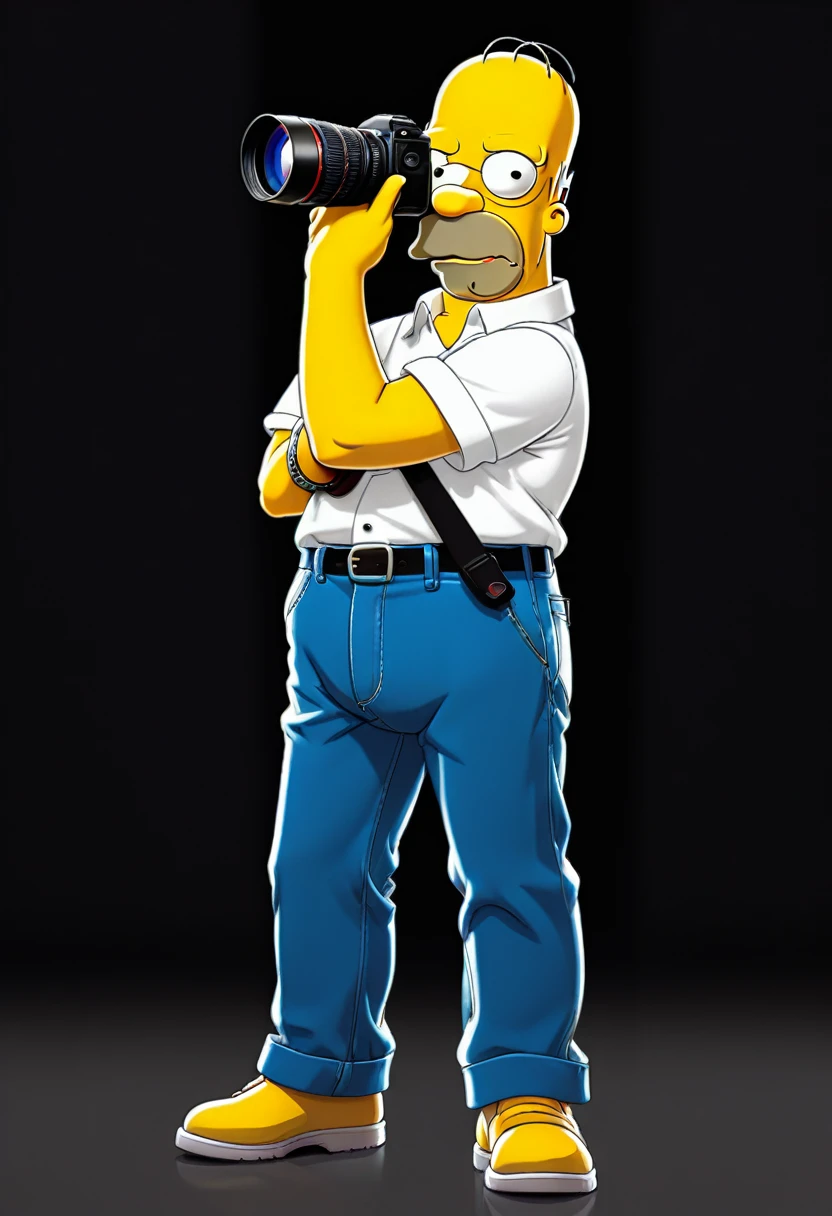 2D, Homer Simpson, white shirt, blue pants, holding a photo camera, frontal view, full posture, solid black background