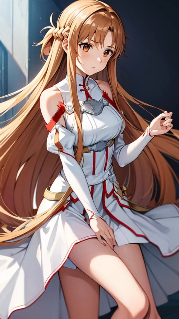 aaasuna, long hair, brown hair, braid, brown eyes, bare shoulders, armor, cuirass, white sleeves, separate sleeves, (no skirt), white thighs, white micro thong, naked