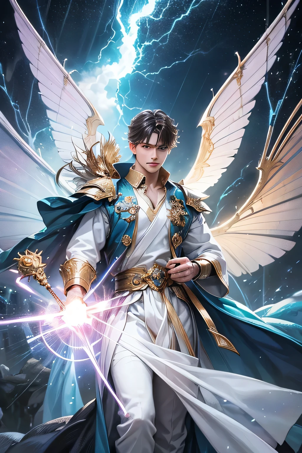 "Create an ultra-realistic image of a strikingly handsome young male fairy with magnificent large wings that evoke the vastness of the sky and the intensity of thunder. He should be holding a magical staff that crackles with the power of the sky and thunder. Dress him in an elegant outfit with shades of yellowish white and light pink, reflecting the colors of dawn and the ethereal sky. Surround him with elements of the sky, such as storm clouds and flashes of lightning, to emphasize his connection to the sky and thunder. Include a distinct sky symbol or design on his body, signifying his role as the keeper of the sky and illustrating the profound sky energy he possesses within him."