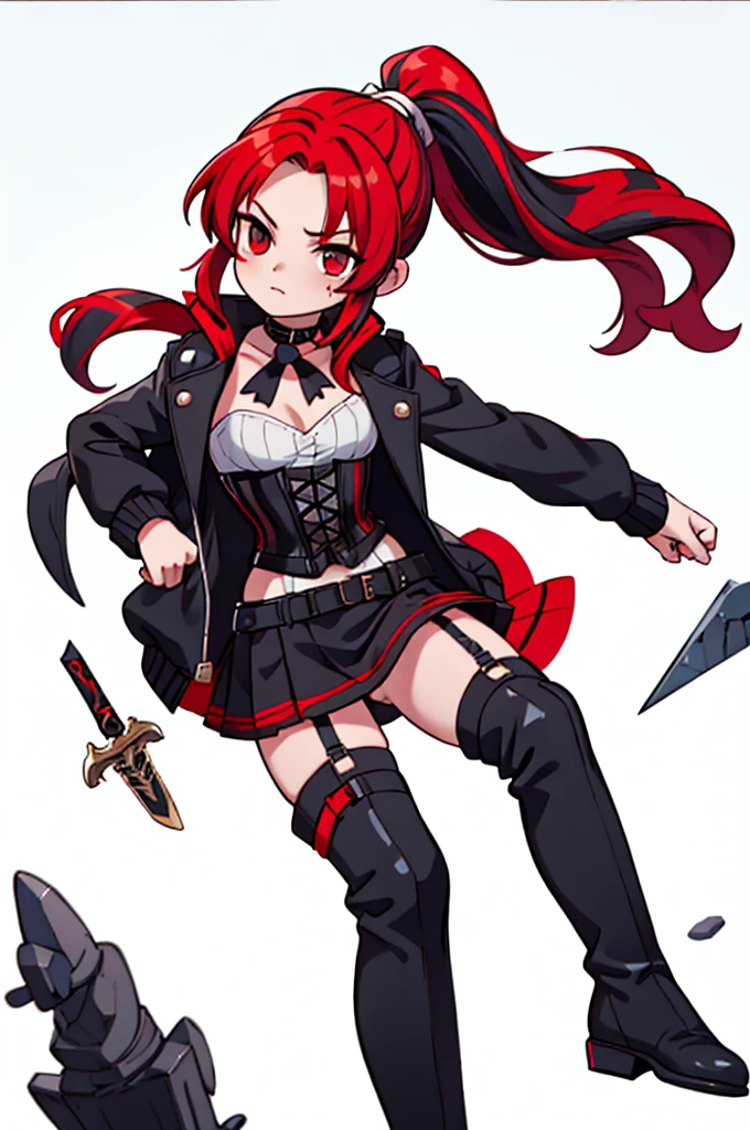 アニメ, best qualityer, Caucasian female, long red hair, Red eye , long sleeve black fitted shirt , black short skirt , black long boots, holding an axe,black halo, black cyberpunk glasses on head, black devil syrup, smoking