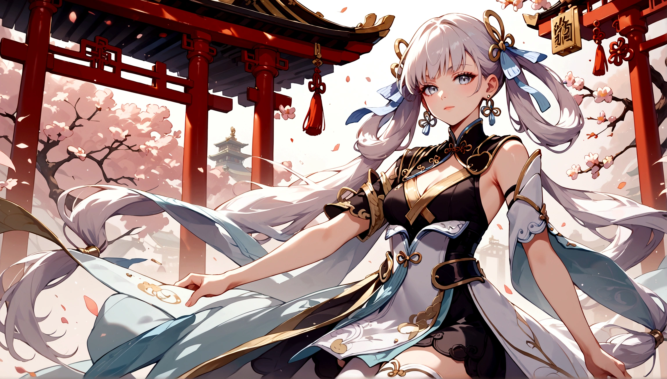 score_9, score_8_up, score_7_up, score_6_up, masterpiece, top quality, best quality, official art, beautiful and aesthetic, close up shot, centered, JinshiWW, long hair, twintails, hair rings, hair ornament, earrings, chinese clothes, two-tone dress, black dress, white dress, cleavage cutout, armlet, white thighhighs, dynamic pose, chinese temple background, Expressiveh