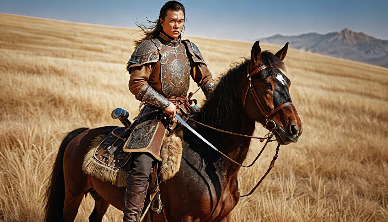 General Kraus, Wearing leather armor、Brown leather protective gear,Holding a Mongolian scimitar, Highly detailed characters, Mongolian man with high cheekbones,Clear and refined face,Mongolian Cavalry,The generals of the Ming Dynasty had white tassels or feathers on their helmets,Norse epic hero, Muscular man with war god tattoo, Riding on horseback, Portrait photography style,Light, (Extremely detailed CG 8k wallpaper), The most beautiful works of art in the world - full body photos, original皮甲, Mongolian small shield,Human Portrait, hunter, Animal hides,brutal,original, macho man, Ed Blinkey (Ed Blinkey) Magnificent professional oil paintings created, Artie Guerlain, Studio Ghibli, Courtesy of Jeremy Mann, Greg Manches, Antonio Moro, Art Station Trends, Social Trends, Wheels within wheels, High Detail, sharp focus, Dramatic and realistic art by Midjourney and Greg Rutkowski, Horse has armor,Charge and Slash