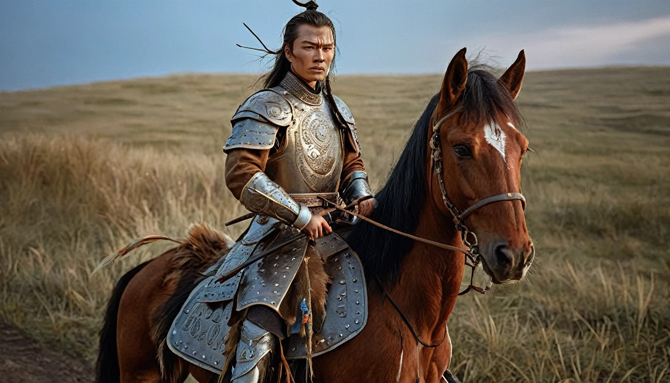 General Kraus, Wearing leather armor、Brown leather protective gear,Holding a Mongolian scimitar, Highly detailed characters, Mongolian man with high cheekbones,Clear and refined face,Mongolian Cavalry,The generals of the Ming Dynasty had white tassels or feathers on their helmets,Norse epic hero, Muscular man with war god tattoo, Riding on horseback, Portrait photography style,Light, (Extremely detailed CG 8k wallpaper), The most beautiful works of art in the world - full body photos, original皮甲, Mongolian small shield,Human Portrait, hunter, Animal hides,brutal,original, macho man, Ed Blinkey (Ed Blinkey) Magnificent professional oil paintings created, Artie Guerlain, Studio Ghibli, Courtesy of Jeremy Mann, Greg Manches, Antonio Moro, Art Station Trends, Social Trends, Wheels within wheels, High Detail, sharp focus, Dramatic and realistic art by Midjourney and Greg Rutkowski, Horse has armor,Charge and Slash