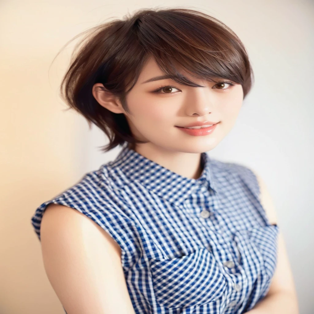 arafed woman Short hair and a blue and white checkered shirt, Short hair, Ayaka, Chie Yoshii&#39;s Style, sayori, Chiho, ayami kojima amano, narumi kakinouchi, Artist: Arata Yokoyama, Hole in the Motto, Aoi Ogata, aoshima Chiho, For whom?