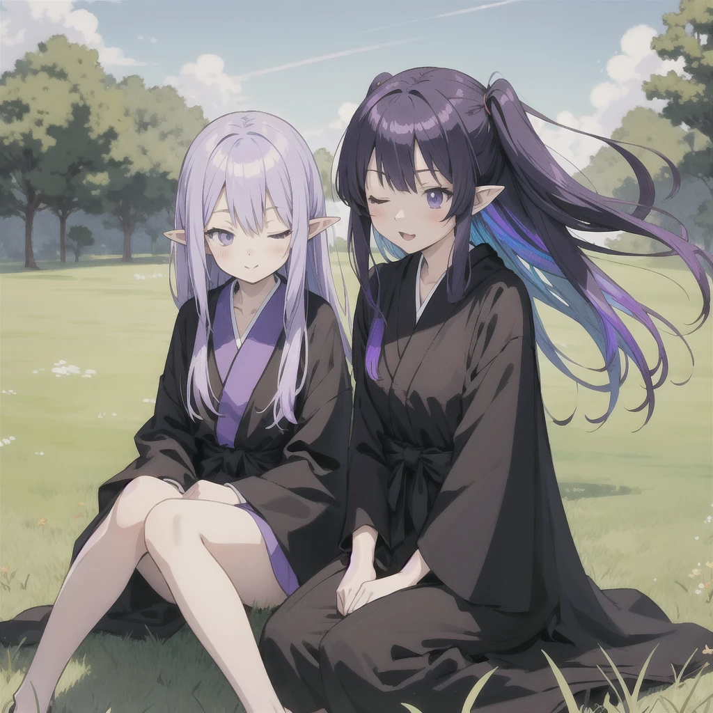 anime girl long purple hair wearing a black Robe. she has pointy ears. Manga kawaii. iridescent ,An illustration, 0ne person .Sitting in the grass, hair blowing in the wind, Eyes closed