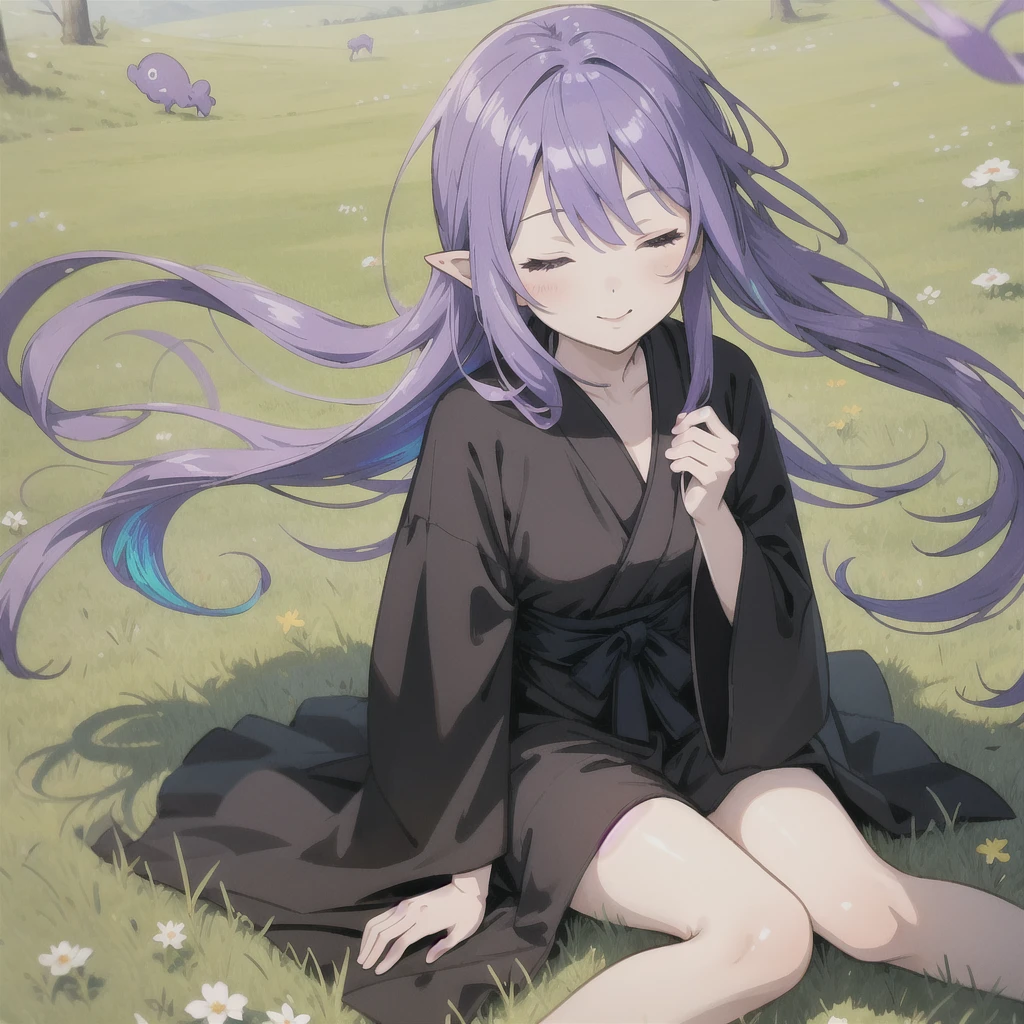 anime girl long purple hair wearing a black Robe. she has pointy ears. Manga kawaii. iridescent ,An illustration, 0ne person .Sitting in the grass, hair blowing in the wind, Eyes closed