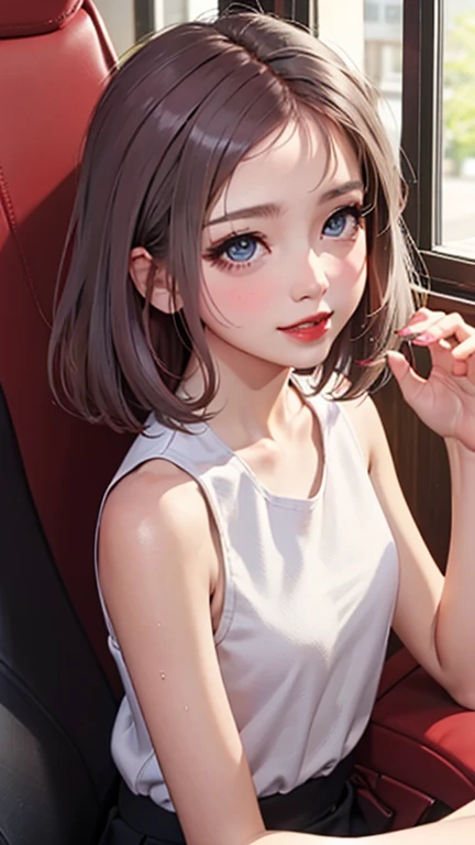 blush a little and smile, (Top quality masterpiece:1.2) Delicate illustrations, Very detailed, /Beautiful Japanese Women、1 person,Very cute and slim、Great style 、((8K images、super high quality))、Very delicate face, Skin and Hair、beautifule forehead、Red lipstick、(((((Medium Hair、Silver Hair、lure))))),Very cute Japanese cut face、Eyes and nose are clearly visible、Kind eyes,((((Sleeveless fashion))))