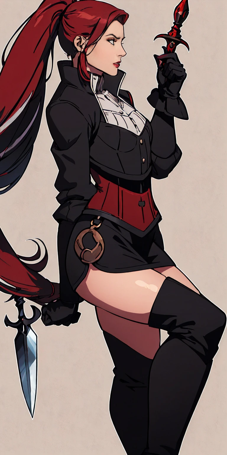 Young woman, 21 years old, full length, White background. Black hair with red tips. One eye is blue, Other purple. haughty expression on his face. long black coat, lace-up boots