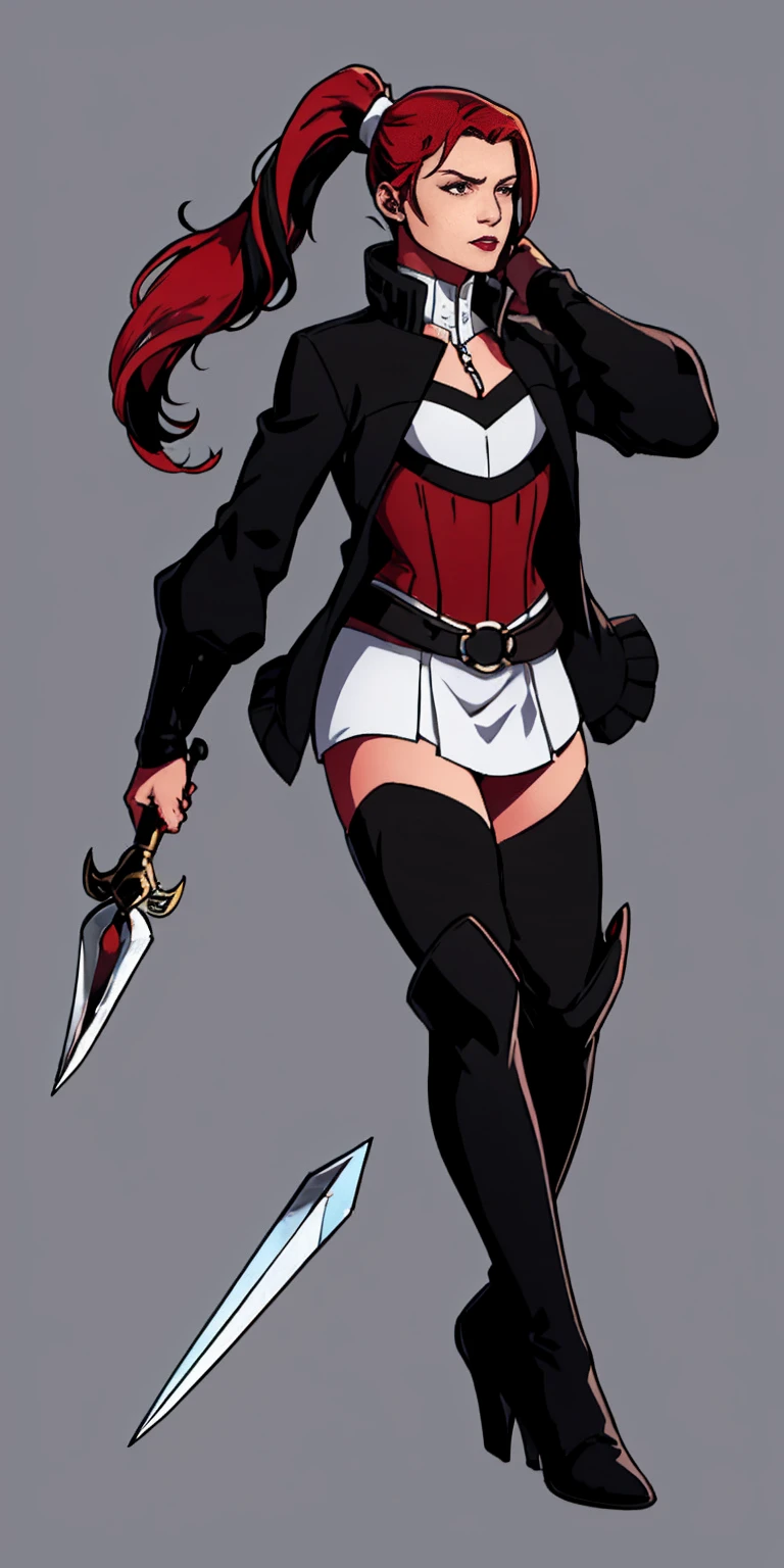 Rogue human woman, with red hair and black streaks, long high ponytail, white corset, black mini skirt, black thigh high boots, black jacket, with a dagger
