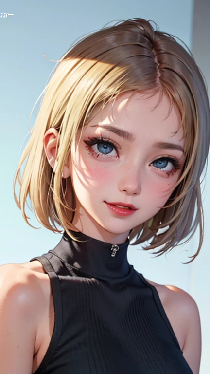 blush a little and smile, (Top quality masterpiece:1.2) Delicate illustrations, Very detailed, /Beautiful Japanese Women、1 person,Very cute and slim、Great style 、((8K images、super high quality))、Very delicate face, Skin and Hair、beautifule forehead、Red lipstick、(((((Medium Hair、Blonde、lure))))),Very cute Japanese cut face、Eyes and nose are clearly visible、Kind eyes,((((Sleeveless fashion))))