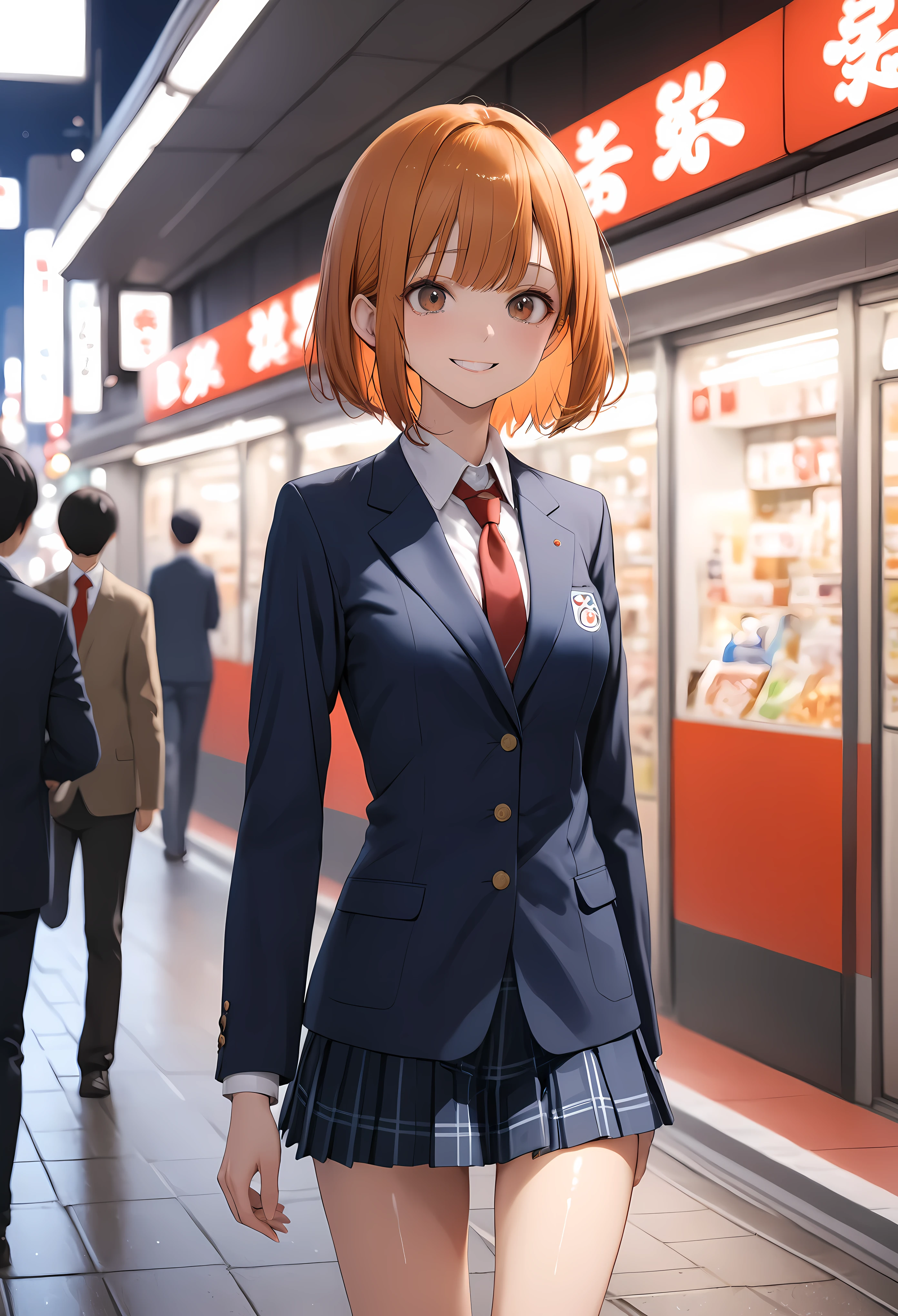 ((masterpiece,Highest quality:1.3,best quality illustration)),cowboy shot,1woman,16-year-old Japan beauty,((very small head:1.4)),short bob hair,bangs,(orange hair),brown eyes,gorgeous eyes,blush,smile,medium breasts,((very long body)),(School uniform,Navy blue blazer、Red tie、White Shirt、Navy blue pleated mini skirt),(toned body,slender body,skinny),gleaming skin,shiny skin,oily skin,standing,Shibuya Station、Tokyo