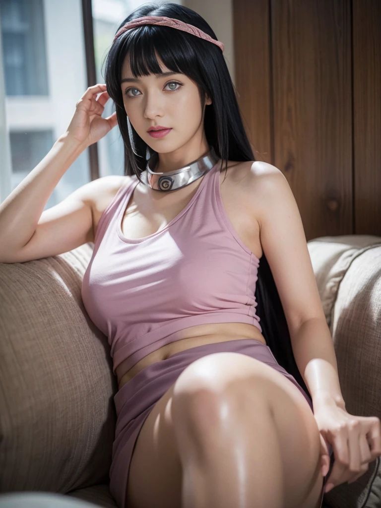 (ultra-realistic realism), (illustratio), (high resolution), (8K), (extremely detaile), (best illustration), (Beautiful and delicate eyes), (Best quality), (Super detailed), (tmasterpiece), (Wallpapers), (Detal Face), Tik, (dynamicposes), Full body image of a person with long hair and (redtank top), hinata hyuga, hinata hyuga from naruto, from naruto, as an anime character, perfect anime face, she has dark blue hair with tied up , female anime character, anime characters, best anime girls, style hime cut hair, dark blue hair, pink lips, light purple eyes, smile,huge bearsts,big tits, use neck hair konoha logo headband style,pretty face:1.3) mini underpants), (with bad balconey) red clothes
