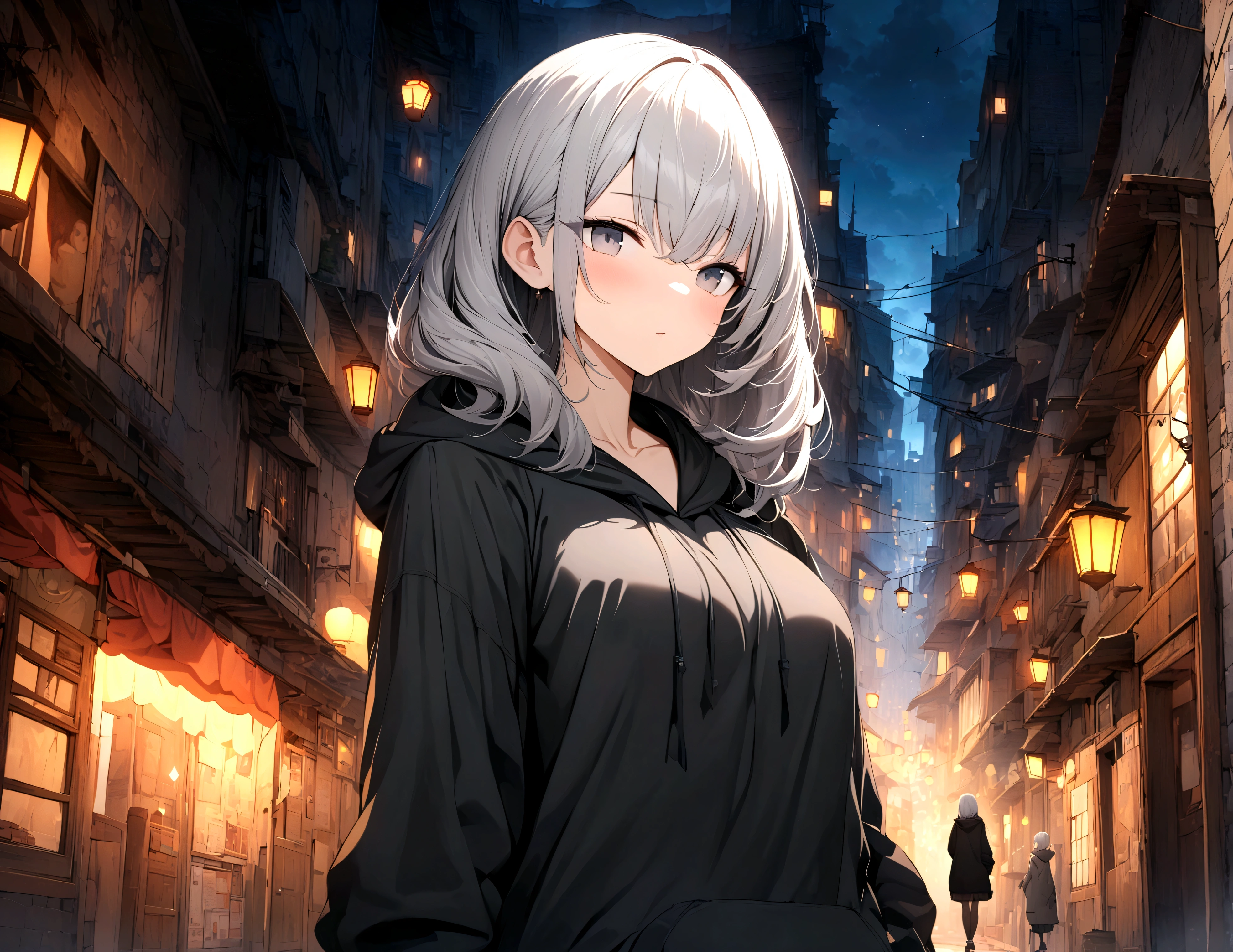 (masterpiece,最high quality,high quality)), ((8K wallpapers integrated with high-definition CG)), (Huge and stunning goddess shot,, Amazing beauty, Perfect proportions, Beautiful body, Slim body beauty:1.1)One girl,City of night,Wearing a hoodie,Gray Hair,Back Alley,8K ,