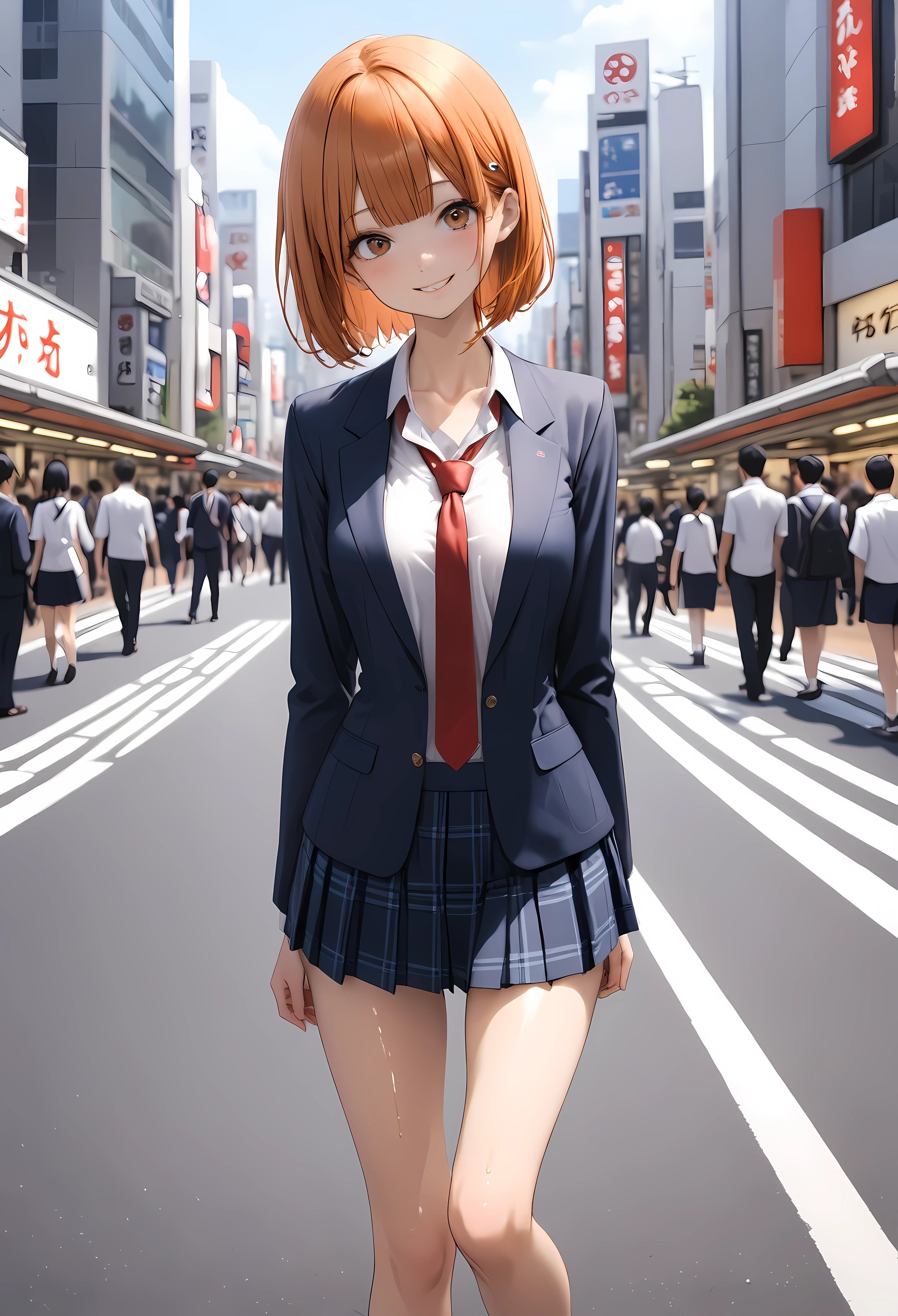 ((masterpiece,Highest quality:1.3,best quality illustration)),cowboy shot,1woman,-yeld Ja beauty,((very small head:1.4)),short bob hair,bangs,(orange hair),brown eyes,gorgeous eyes,blush,smile,medium breasts,((very long body)),(School uniform,Navy blue blazer、Red tie、White Shirt、Navy blue pleated mini skirt),(toned body,slender body,skinny),gleaming skin,shiny skin,oily skin,standing,Shibuya Station、Tokyo