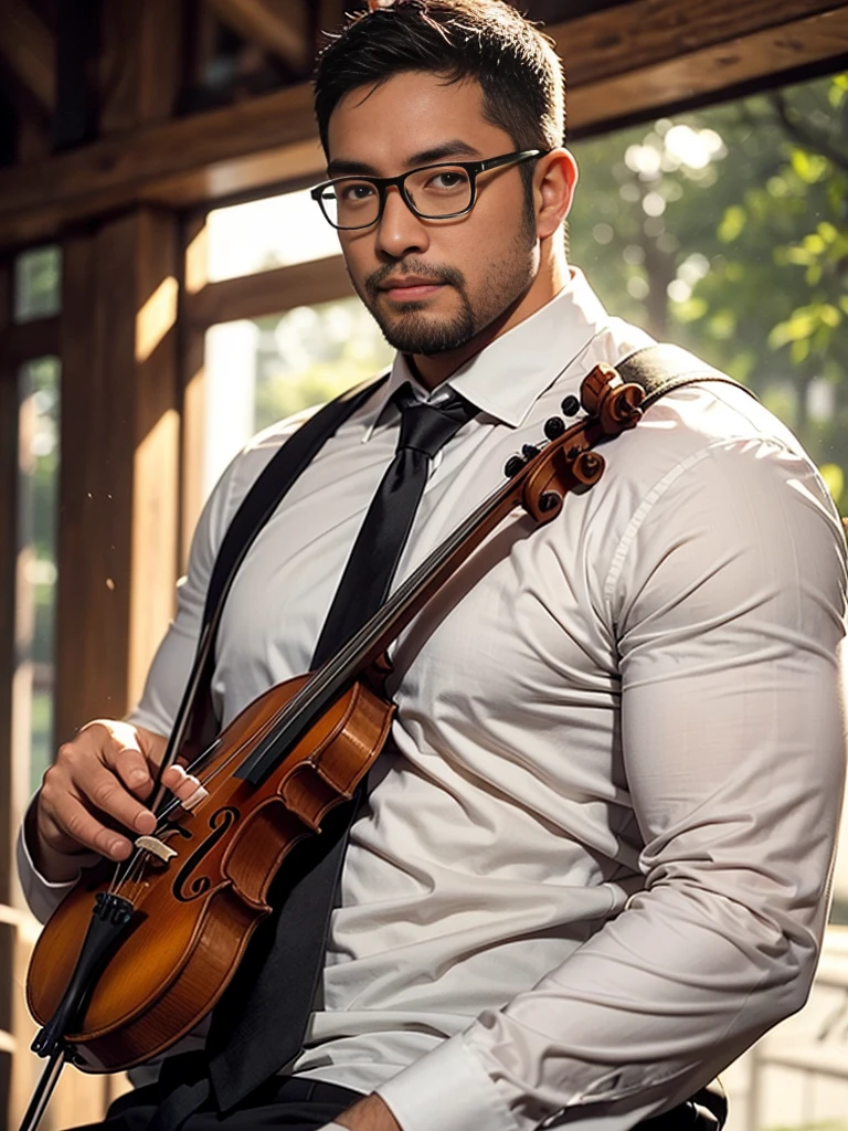 An award-winning original photo，a handsome 38-year-old man, crew cut, (((full body))), (((landscape))), mature man, [slightly fat], asian man, rounded face, brown eyes, ((rounded face)), glasses, fair skin tone, light skin tone, balding, 1boy, Solo, (big shoulders), musculature, (((stubbles, Short beard))), (Beautiful eyes:1.3), (Detailed face:1.3), wearing glasses, Dynamic Angle, volumetric lighting, (Best quality, A high resolution, Photorealistic), Cinematic lighting, Masterpiece, RAW photo, Intricate details, (extremely detailed 8k wallpaper), masterpiece 16k photo, white shirt, suit and tie,  playing violin, performance, man put the violin on his shoulder and start playing it, feeling with the music,
