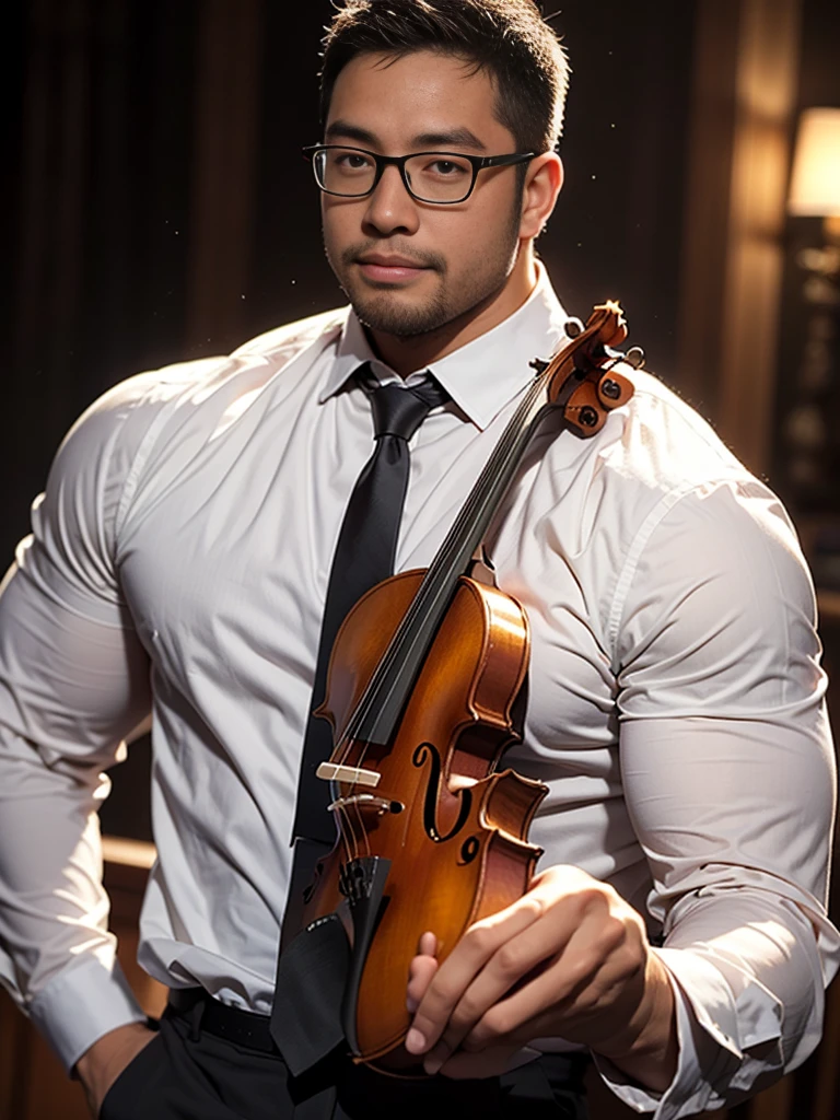 An award-winning original photo，a handsome 38-year-old man, crew cut, (((full body))), (((landscape))), mature man, [slightly fat], asian man, rounded face, brown eyes, ((rounded face)), glasses, fair skin tone, light skin tone, balding, 1boy, Solo, (big shoulders), musculature, (((stubbles, Short beard))), (Beautiful eyes:1.3), (Detailed face:1.3), wearing glasses, Dynamic Angle, volumetric lighting, (Best quality, A high resolution, Photorealistic), Cinematic lighting, Masterpiece, RAW photo, Intricate details, (extremely detailed 8k wallpaper), masterpiece 16k photo, white shirt, suit and tie,  playing violin, performance, man put the violin on his shoulder and start playing it, feeling with the music,