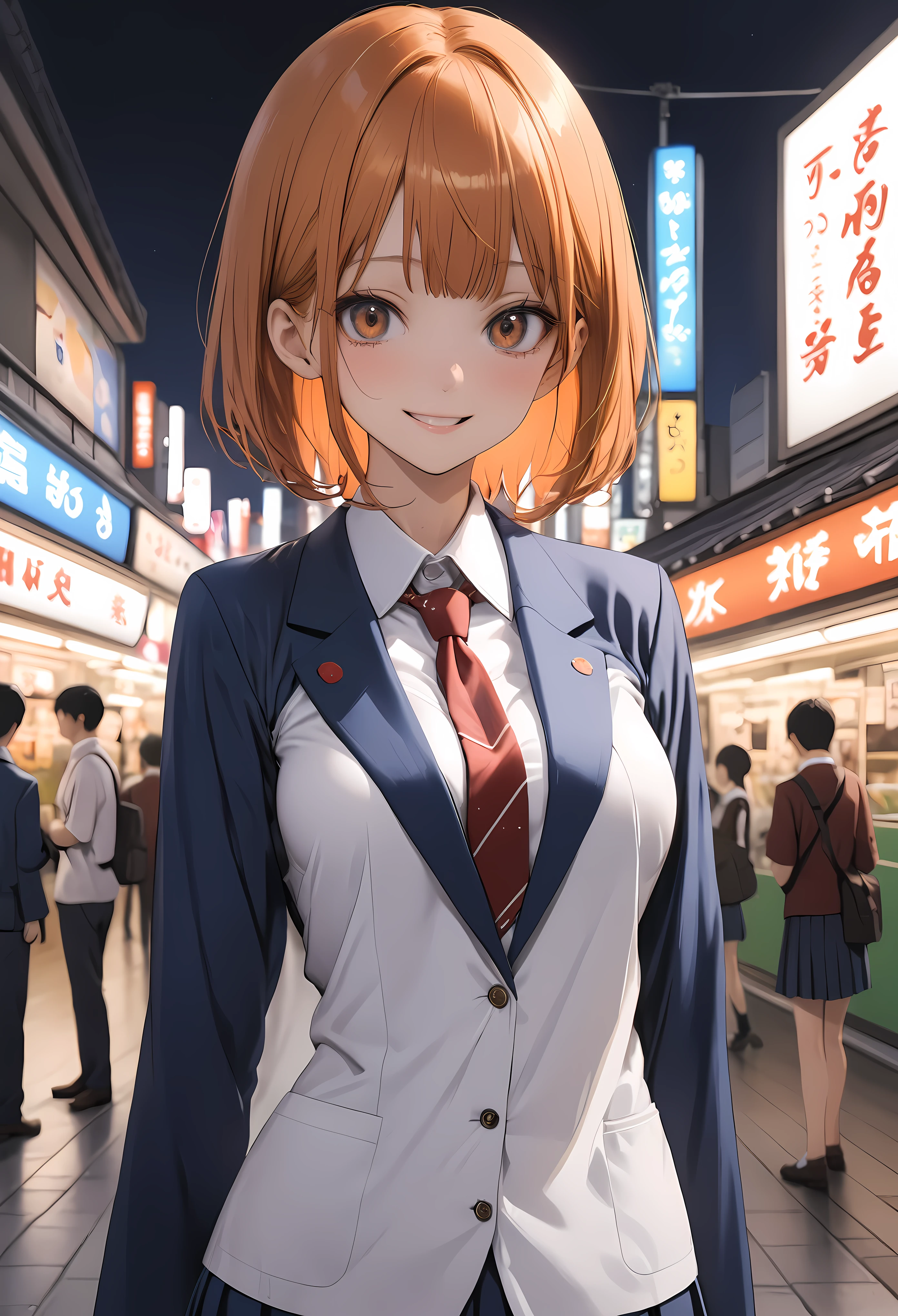 ((masterpiece,Highest quality:1.3,best quality illustration)),cowboy shot,1woman,16-year-old Japan beauty,((very small head:1.4)),short bob hair,bangs,(orange hair),brown eyes,gorgeous eyes,blush,smile,medium breasts,((very long body)),(School uniform,Navy blue blazer、Red tie、White Shirt、Navy blue pleated mini skirt),(toned body,slender body,skinny),gleaming skin,shiny skin,oily skin,standing,Shibuya Station、Tokyo
