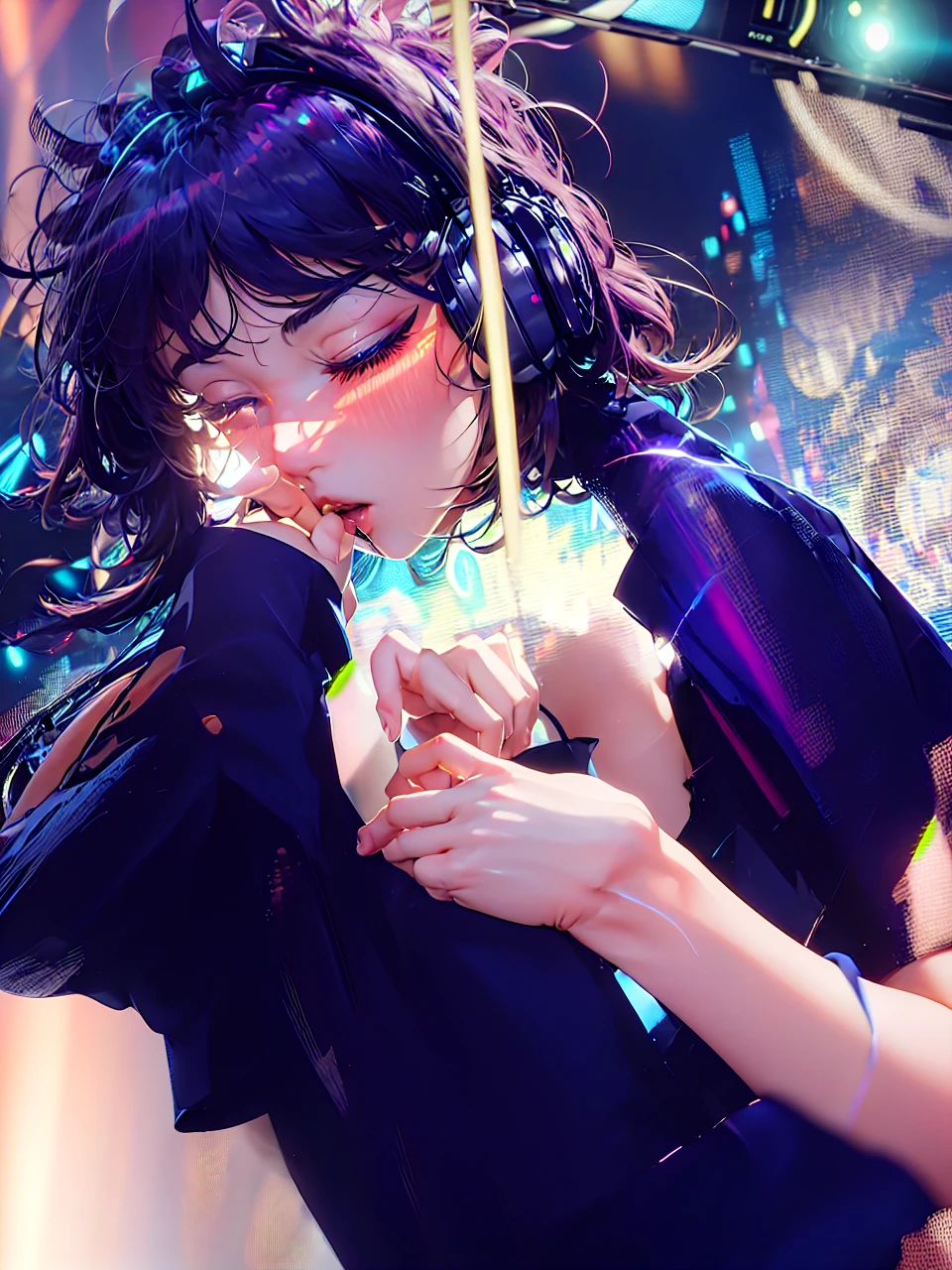 (masterpiece:1.3),(best quality:1.2),8k,absurdres,unity 8k wallpapper,(extremely detailed:1.3),highestres,blur,
(1girl:1.2),(headphones:1.1),(neon light:1.1),headwear,frown,(dynamic pose:1.1),(floating hair:1.2),short hair,,(passionate:1.2),(DJ:0.9),(psychedelic:1.2),dynamic pose,(electric wire:1.1),(1hand on own head:1.2),(light beam:1.2),closed eyes,midriff,dim,(music:1.2),cable,god rays,(indoors:1.2),from side,(instrument:0.7),frenzied,passionate,energetic,intense,electrifying,exhilarating,dynamic,thrilling,explosive,rousing,crowd,light rays,,neonlight,