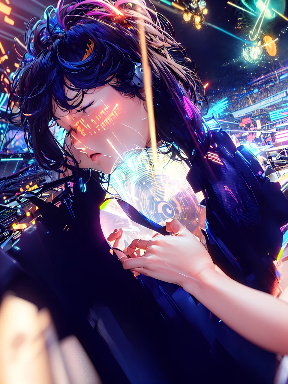 (masterpiece:1.3),(best quality:1.2),8k,absurdres,unity 8k wallpapper,(extremely detailed:1.3),highestres,blur,
(1girl:1.2),(headphones:1.1),(neon light:1.1),headwear,frown,(dynamic pose:1.1),(floating hair:1.2),short hair,,(passionate:1.2),(DJ:0.9),(psychedelic:1.2),dynamic pose,(electric wire:1.1),(1hand on own head:1.2),(light beam:1.2),closed eyes,midriff,dim,(music:1.2),cable,god rays,(indoors:1.2),from side,(instrument:0.7),frenzied,passionate,energetic,intense,electrifying,exhilarating,dynamic,thrilling,explosive,rousing,crowd,light rays,,neonlight,