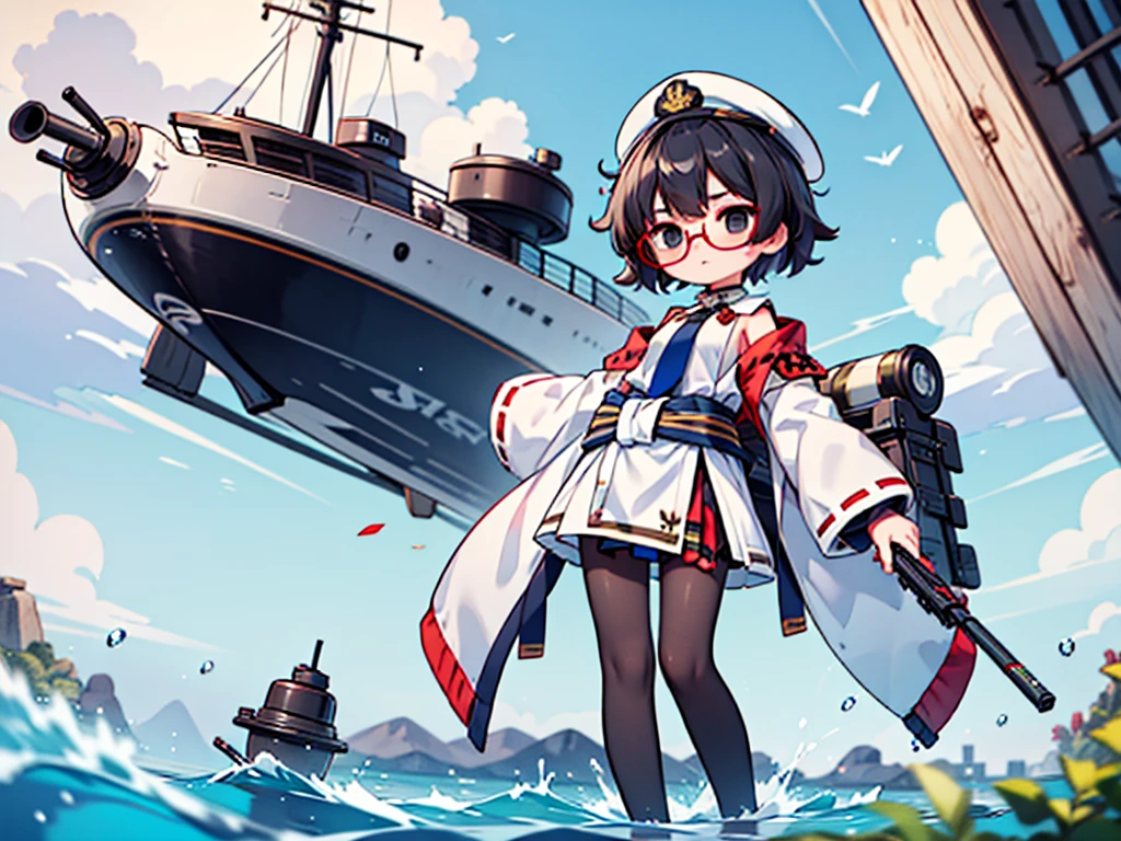 (((masterpiece, Vision))), ((((Full body of a woman with perfect flat chest、1 Female、solo、Short unkempt black hair、Tie your messy hair at the nape of your neck、white military jacket、Miko costume、black tights、Black glasses、White military cap、Cloudy black eyes、Confused eyes、Junyo-inspired emblem)))), (((Shipgirl))), ((Floating on the morning sea with both feet)), (Standing with your legs apart), (Hold the turret grip with your right hand), (A mechanical arm extending from the waist is used to attach a turret), (Equipped with a turret on the back), (Left arm holds the triple turret grip), Shotgun shell in left arm, Spreading the Machine&#39;s Wings, 2. Machine Tail, A mechanical prosthetic arm holds the turret, 