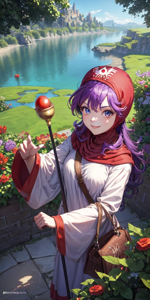 masterpiece, best quality, 4k, 8k, dqPom, red hood, purple hair, robe, upper body, standing, holding staff, sky, garden, looking at viewer, from above, smile