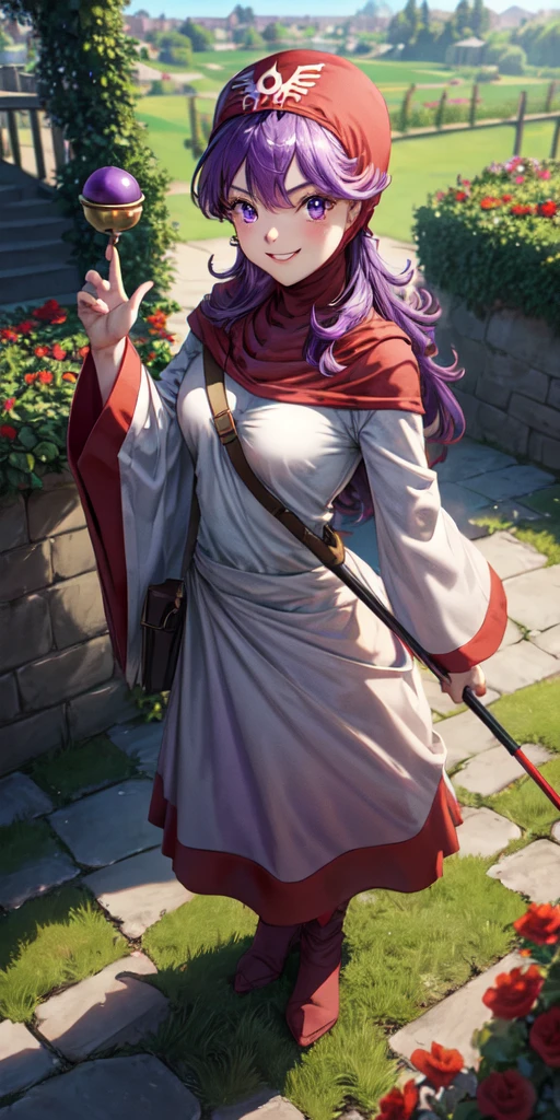 masterpiece, best quality, 4k, 8k, dqPom, red hood, purple hair, robe, upper body, standing, holding staff, sky, garden, looking at viewer, from above, smile