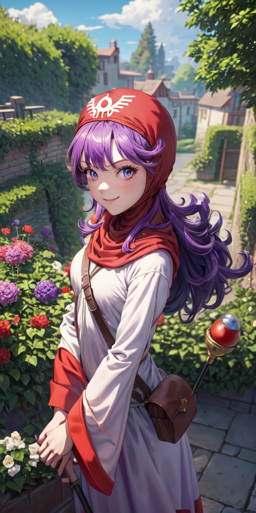 masterpiece, best quality, 4k, 8k, dqPom, red hood, purple hair, robe, upper body, standing, holding staff, sky, garden, looking at viewer, from above, smile