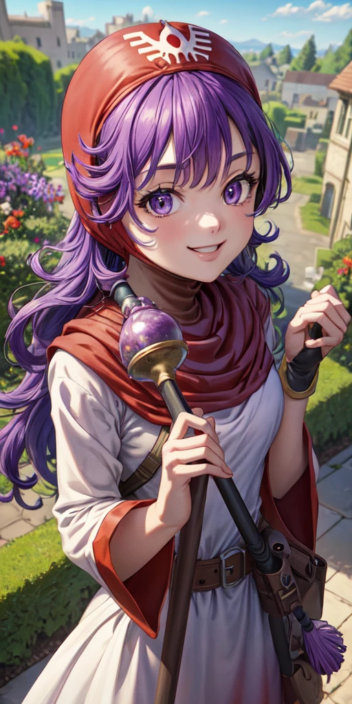 masterpiece, best quality, 4k, 8k, dqPom, red hood, purple hair, robe, upper body, standing, holding staff, sky, garden, looking at viewer, from above, smile