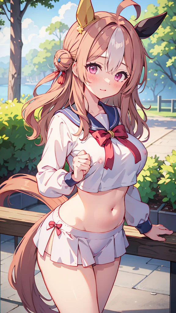 Highest quality,masterpiece, best resolution, nsfw, 1 girl, sailor uniform, topless, flat chest,pink nipple, belly button,outdoor, blush, standing, horse ears, horse tail