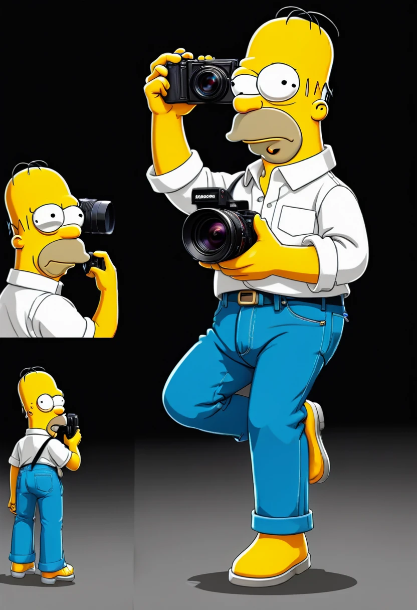 2D, Homer Simpson, white shirt, blue pants, holding a photo camera, frontal view, full posture, solid black background