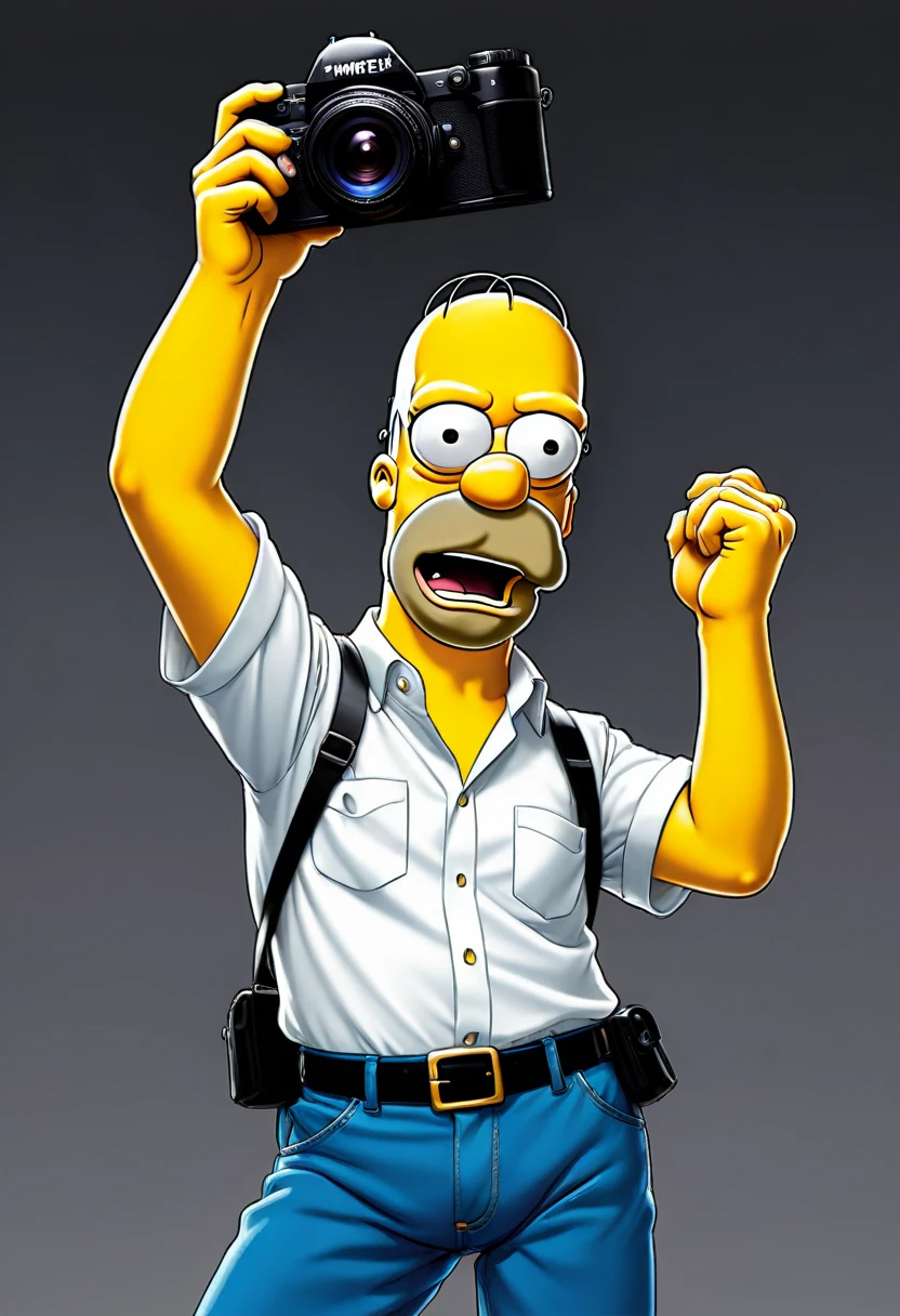2D, Homer Simpson, white shirt, blue pants, holding a photo camera, frontal view, full posture, solid black background