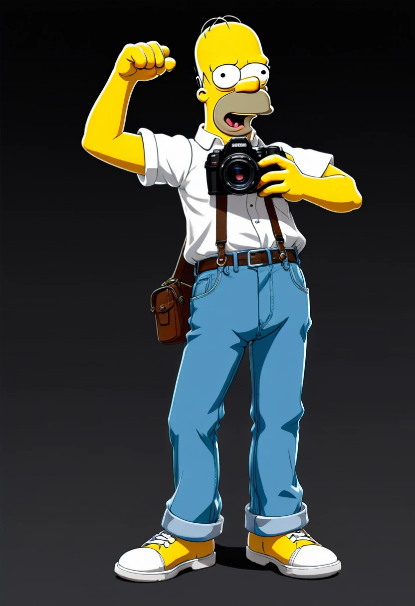 2D, Homer Simpson, white shirt, blue pants, holding a photo camera, frontal view, full posture, solid black background