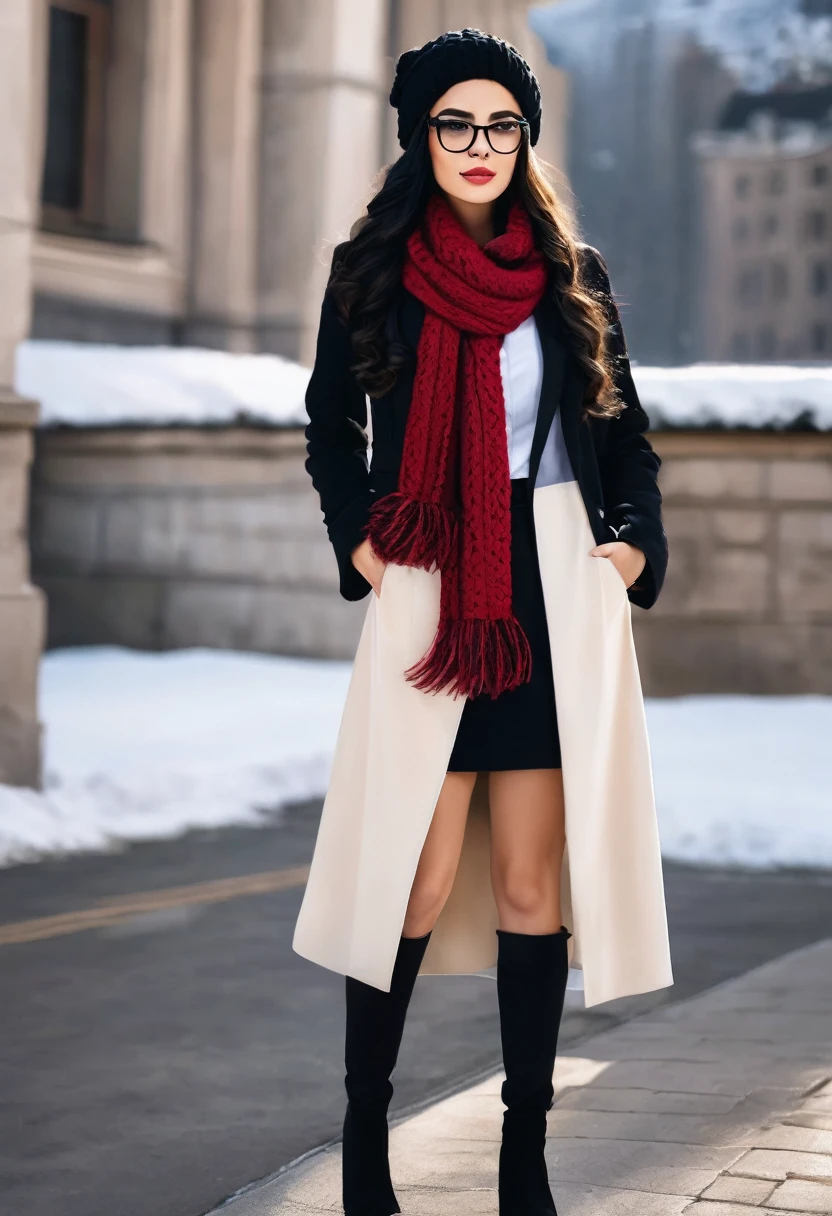 ✅Hair with braid and winter scarf a sophisticated businesswoman, with very long black hair to the waist, with braids on the sides and down to the shoulders, Linda, elegant and sophisticated in formal clothes and a black winter blazer and the winter scarf with fur PASHMINA winter elegant chic and fashionable and with a winter cap on her head, the clothes have details in red and black, the black blazer, with black glasses, combat boots or black boots. She is 26 years old. she must have her mouth closed, Linda maquiagem, your hand must be ultra HD realistic human. With well-groomed and realistic hands, nails with black nail polish, she poses for a photo shoot and close-up shots. photo 3d 4k