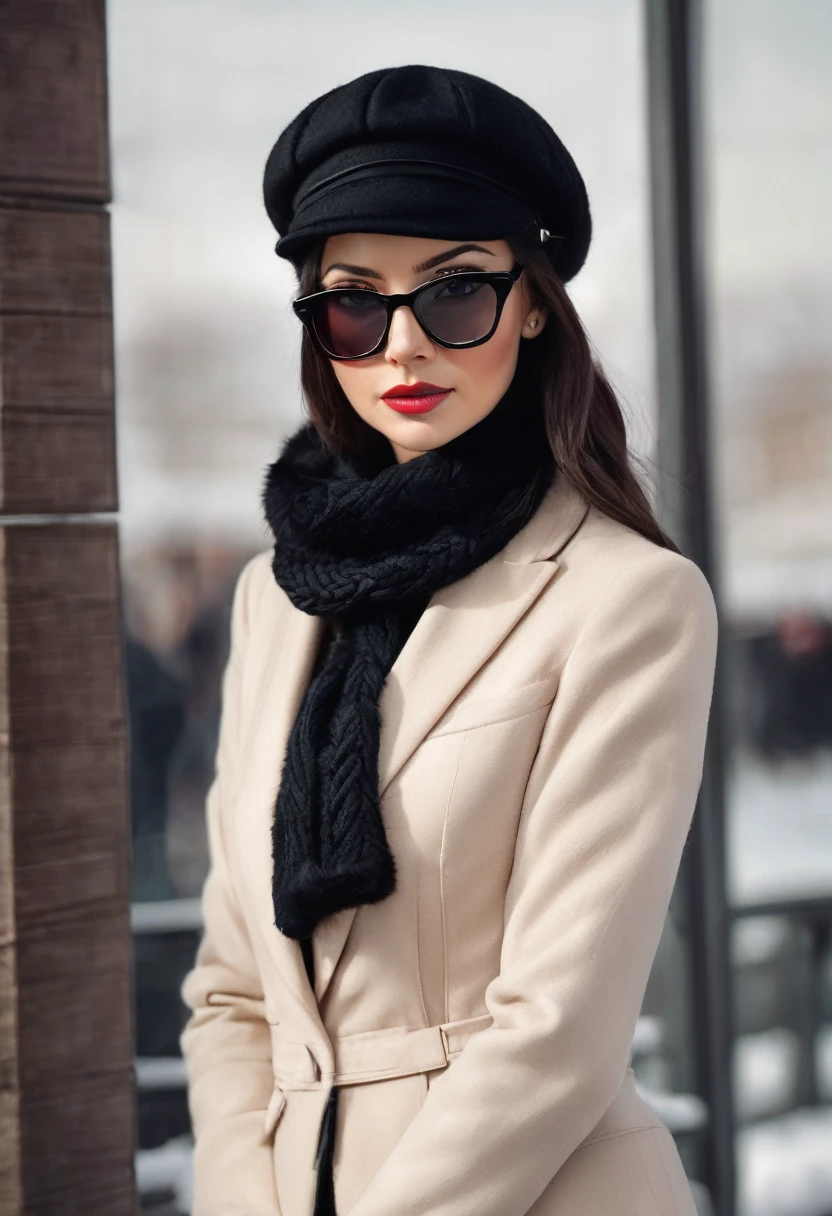 ✅Hair with braid and winter scarf a sophisticated businesswoman, with very long black hair to the waist, with braids on the sides and down to the shoulders, Linda, elegant and sophisticated in formal clothes and a black winter blazer and the winter scarf with fur PASHMINA winter elegant chic and fashionable and with a winter cap on her head, the clothes have details in red and black, the black blazer, with black glasses, combat boots or black boots. She is 26 years old. she must have her mouth closed, Linda maquiagem, your hand must be ultra HD realistic human. With well-groomed and realistic hands, nails with black nail polish, she poses for a photo shoot and close-up shots. photo 3d 4k