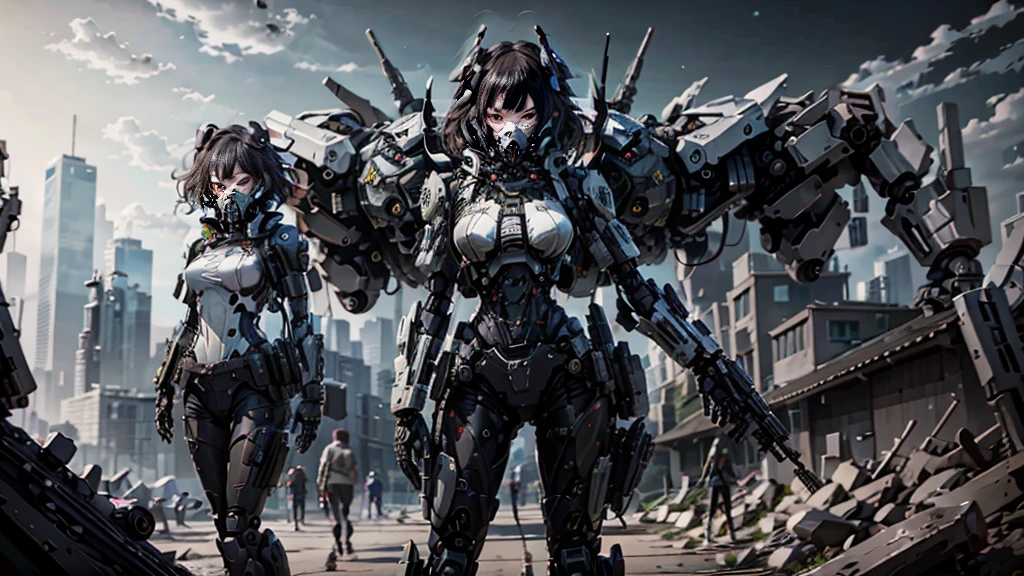 This is a CG Unity 8k wallpaper with ultra-detailed, high-resolution and top quality in cyberpunk style, dominated by black and red. In the picture, a beautiful girl with white messy short hair, a delicate face, wearing a steam mecha mask, standing on the ruins, behind her is a huge robot, and the action of a woman holding a heavy sniper rifle in her hand,