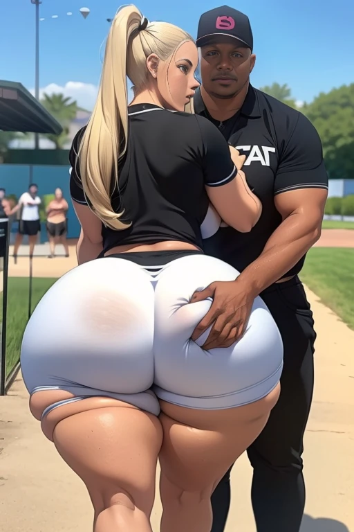 There is one girl and one boy. They are facing each other. They are hugging in a school hallway. The girl is blonde. The girl is curvy with thick thighs and a big ass, a big thick ass. they are hugging. The guy is groping, squeezing, fondling, and grabbing her big ass as they hug. She is wearing shorts that cover her ass but are very short and tight. She is blushing and laughing and he is smirking.