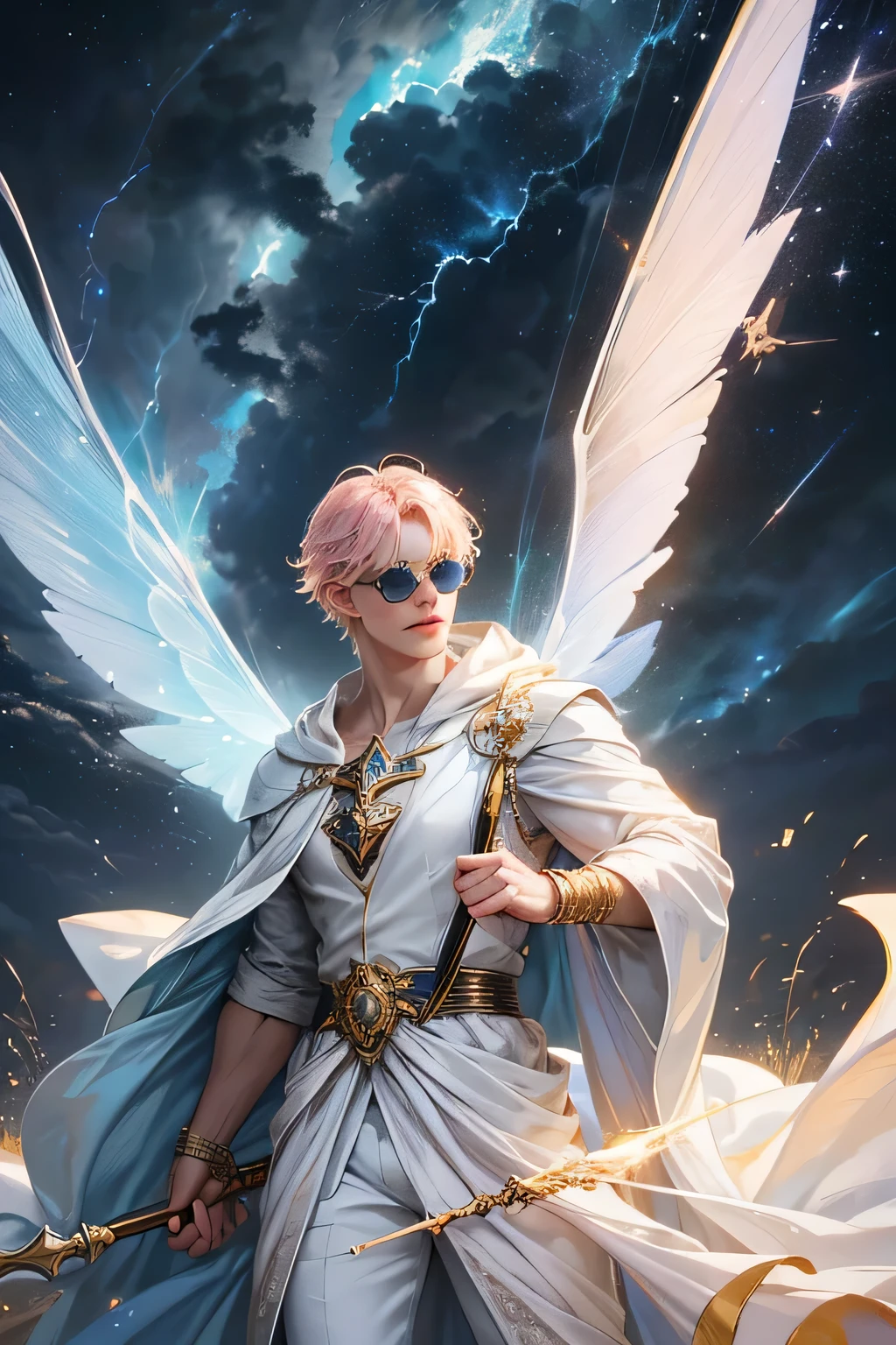"Create an ultra-realistic image of a strikingly handsome young male fairy with magnificent large wings that evoke the vastness of the sky and the intensity of thunder. He should be holding a magical staff that crackles with the power of the sky and thunder. Dress him in an elegant outfit with shades of yellowish white and light pink, reflecting the colors of dawn and the ethereal sky. Surround him with elements of the sky, such as storm clouds and flashes of lightning, to emphasize his connection to the sky and thunder. Include a distinct sky symbol or design on his body, signifying his role as the keeper of the sky and illustrating the profound sky energy he possesses within him."