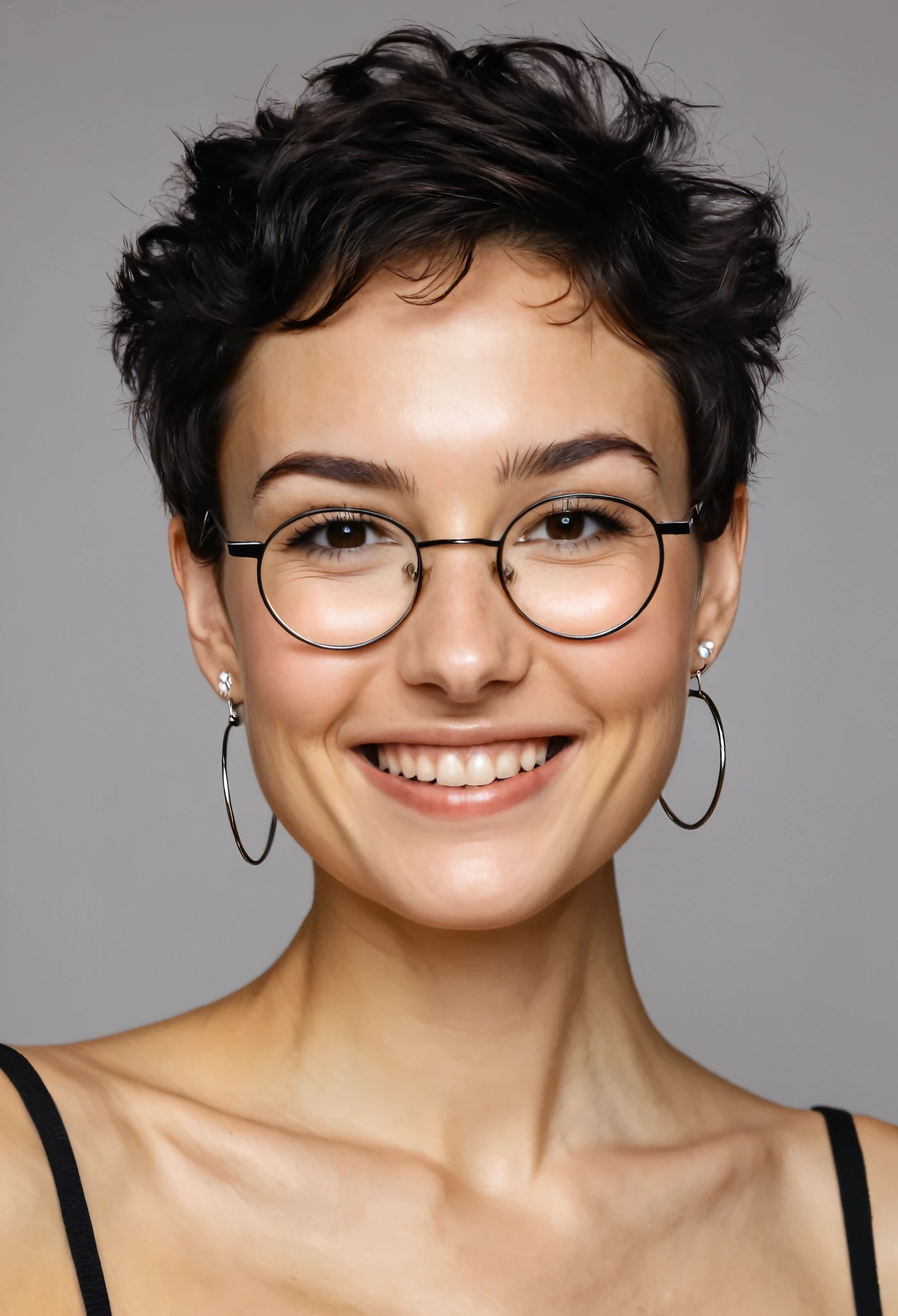 portrait of a woman with only shoulders and face visible, sporting a slightly curly and voluminous pixie cut, delicate ears with silver hoop earrings, wearing a necklace with a round pearl at the end, the texture of the necklace is a fine black cord, with slender eyes that are not fully open, highlighted and mascara, very finely drawn and textured eyebrows, square jaw, slightly tanned skin with more imperfections yet smooth, thin non-round glasses with very fine black resin temples and a thin silver metal frame, small nose, smiling at the camera without showing teeth, embodying a sly and toxic personality with a bad bitch facial expression, high-resolution, hyperdetailed photography, soft light, close-up shot, realistic skin texture, thinner cheeks, fine neck, round face