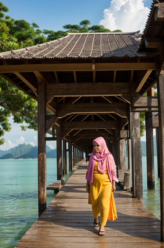 create a photo of a malay woman, slightly chubby, have a career, corporate dress that is a little tight but still looks decent, hooded, graceful. was pulling his luggage full of other things, handicrafts from the island. perempuan itu kelihatan kesulitan menarik begnya tapi masih kelihatan graceful menawan. The location of the picture is inside the Jetty Kuah Complex, Langkawi Island, Kedah, Malaysia.