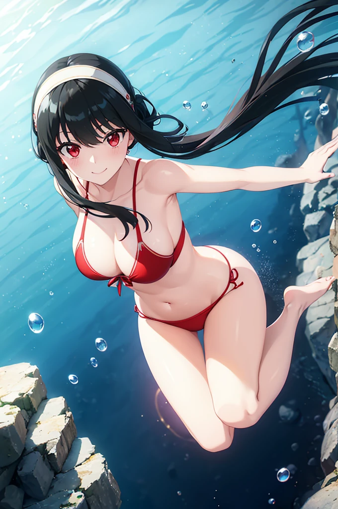 ((best quality)), (ultra-detailed), ((extremely detailed)), (beautiful), ((kawaii girl)), (black:1.3) hair, red (colored inner hair:1.2), long hair, straight hair, swept bangs, asymmetrical bangs, hair intakes, ahoge, kind smile, red eyes, medium large breasts, BREAK, 比基尼, beautiful scenery, underwater, water drop, dynamic lighting, light particle, sunlight, shadow, (air bubble:1.2), reflection, extremely detailed CG unity 8k wallpaper,White hair band、Red eyes、Black Hair、Yor Briar、smile、Bubble、Floating、るBubble、dive、One girl、Swimwear、undersea、diving、dynamic
