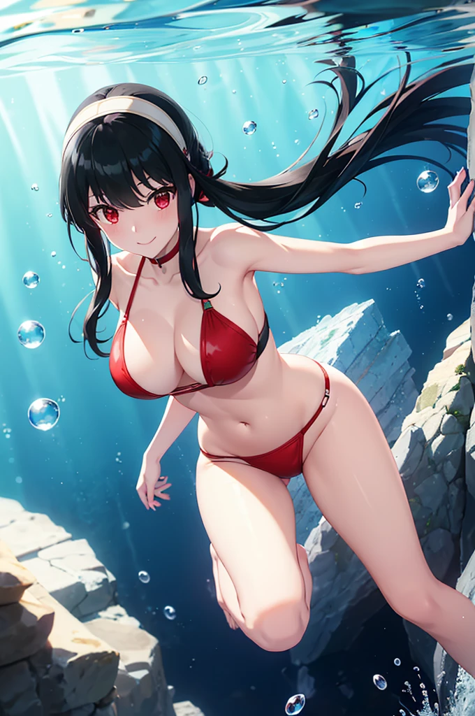 ((best quality)), (ultra-detailed), ((extremely detailed)), (beautiful), ((kawaii girl)), (black:1.3) hair, red (colored inner hair:1.2), long hair, straight hair, swept bangs, asymmetrical bangs, hair intakes, ahoge, kind smile, red eyes, medium large breasts, BREAK, 比基尼, beautiful scenery, underwater, water drop, dynamic lighting, light particle, sunlight, shadow, (air bubble:1.2), reflection, extremely detailed CG unity 8k wallpaper,White hair band、Red eyes、Black Hair、Yor Briar、smile、Bubble、Floating、るBubble、dive、One girl、Swimwear、undersea、diving、dynamic