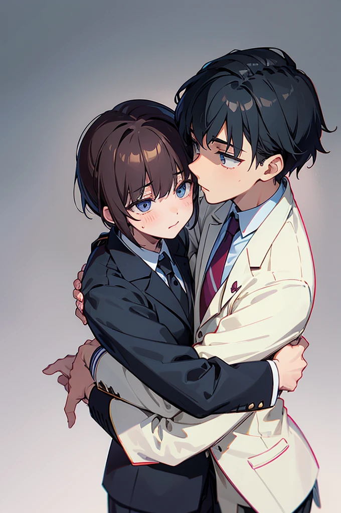 ((Blazer uniform and tie)), ((Hugging)), (Two boys)
