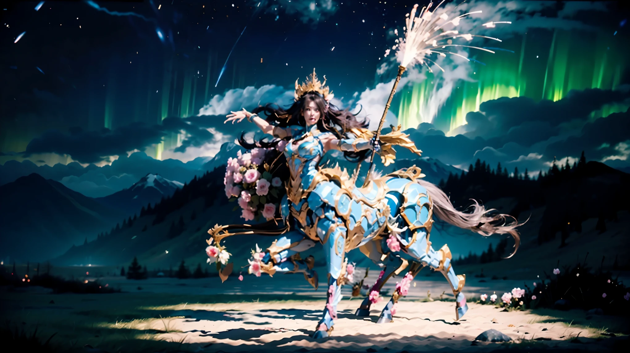 In the beautiful illustration of this super-grand scene，The ultra-distant lens shows us（More than eight distinctive and beautiful female centaurs，Half man, half horse，Half man, half horse角色：9.9），Their personality、Distinctive and vivid features。from（A radiant, angelic, snow-white centaur from heaven：1.1），arrive（Nightmare-like fiery red centaur surrounded by flames：1.1）、再arrive（Green Centaur, the wind fairy dancing in the air：1.1）、再arrive有（One-horned blue centaur surrounded by lightning：1.1），arrive（A mechanical-style mecha Centaur shining with metallic light：1.1）、再arrive（A powerful dragon-shaped centaur wearing colorful dragon scale leather：1.1）、再arrive（A slender elven centaur that is graceful and agile：1.1）Gracefully wears a flower crown、arrive（Enchanting and charming Tiflin centaurs：1.1）、再arrive（A succubus centaur with an indescribably sexy feeling：1.1）。Each Centaur character fully demonstrates his unique style。The illustration uses advanced artistic techniques and tools，Use nesting、Weaving、Splicing、perspective、interlude、Montage and other artistic techniques，Divide the scene into sections by geometric arrangement，Each part corresponds to a role，from而更有效地利用了空间，Make eight centaurs exist in one picture at the same time，（The style tends to be grotesque、Hayao Miyazaki、Aesthetic、Unavailable：3.3）。Through Midjourney's advanced brush tools、Color palette、Material packs和模型包、Texture tools，For each centaur, beautiful props are designed to increase racial characteristics、Clothing and physical features，Enhances the character's personality and visual appeal，（Stunning landscapes in illustrations，There are changing skies、rainbow、aurora、Stars and Moon，Incorporating iconic landmarks such as Mount Everest，and fireworks、Tranquil Lake、Natural and urban elements of waves and neon lights，Creates a magical atmosphere：1.5），Centaurs demonstrate their unique abilities and equipment in a variety of environments，This is true even in extreme alien landscapes。Use Midjourney's tools、Material packs、Texture tools、The color palette makes depicting details vivid and realistic，from复杂的发型和以及不同的种族特质、Body、Appearance features、服装arrive真实的纹理，Greatly improved the realism of the Centaurs and their surroundings，The fusion of multiple art styles adds dynamism to the character&#39;s movement at all angles，The overall visual experience is further enriched。The final illustration was described as a "masterpiece"，It has the characteristics of "best quality" and "realistic"，The details put into the creative process are shown、Level of creativity and craftsmanship。 hdr，（Reality，Masterpiece quality，Best quality）