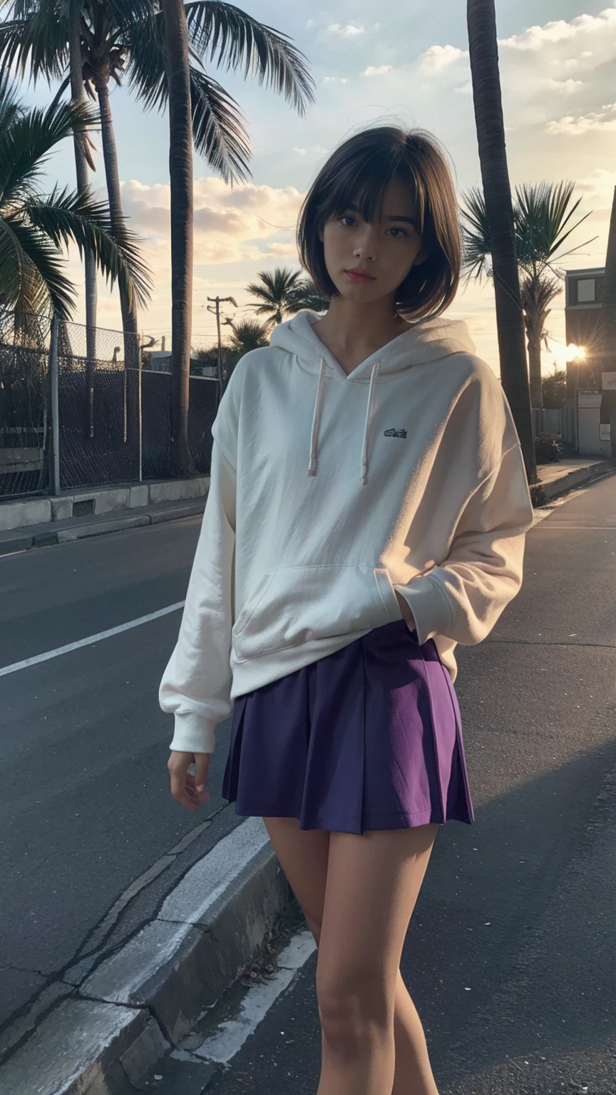 1 girl, wear ((orange oversized hoodie)), wear ((purple tennis skirt)),looking front,Best Quality,Masterpiece,Ultra High Resolution,(Realisticity:1.4),Original Photo, 1Girl, light leak,ultra high resolution,UHD,beautiful, black bob hair, almond eye, no makeup, in front of (80's mondrian architecture motel), (realistic:1.2), (surreal:1.3), (very detailed:1.1), ((masterpiece)),summer, blue sky, palm trees,sunny, los angles vibes