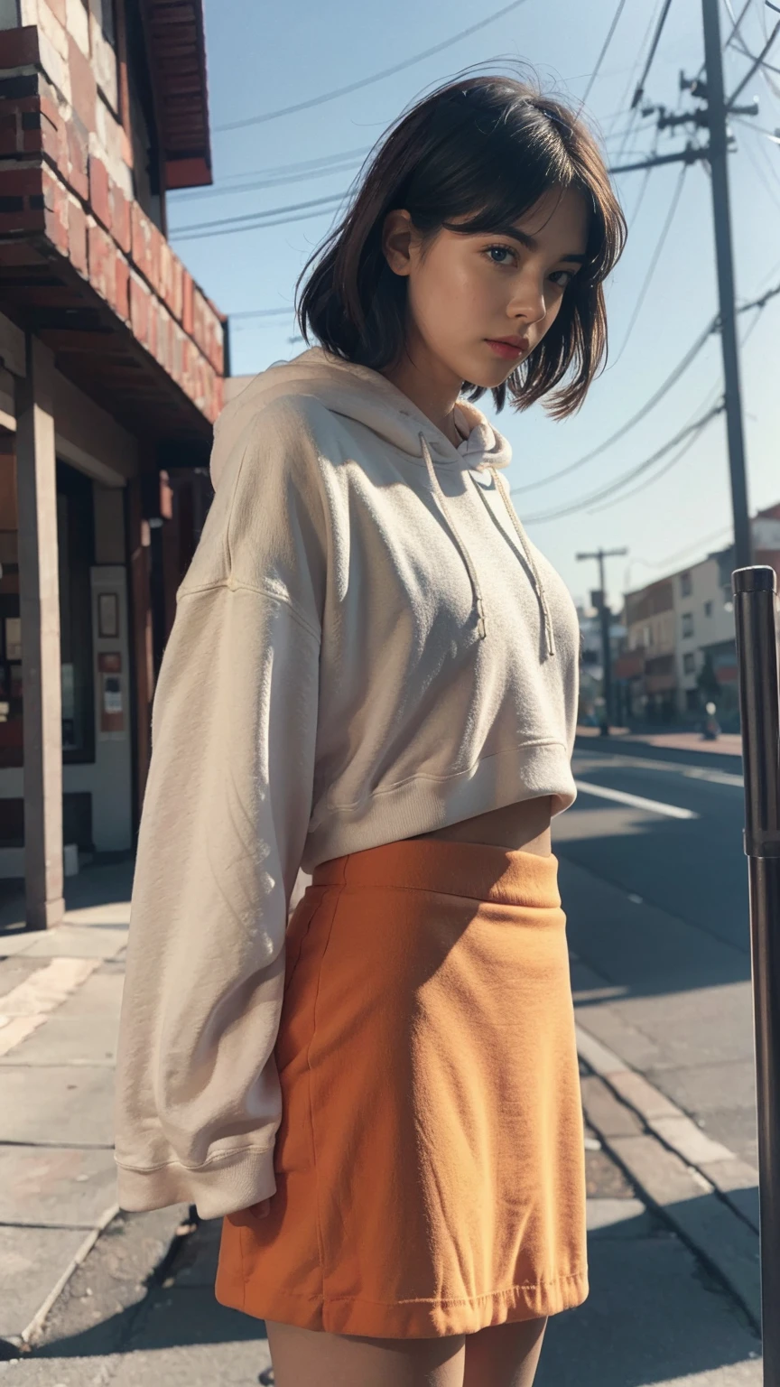 1 girl, wear ((orange oversized hoodie)), wear ((purple tennis skirt)),looking front,Best Quality,Masterpiece,Ultra High Resolution,(Realisticity:1.4),Original Photo, 1Girl, light leak,ultra high resolution,UHD,beautiful, black bob hair, almond eye, no makeup, in front of (80's mondrian architecture motel), (realistic:1.2), (surreal:1.3), (very detailed:1.1), ((masterpiece)),summer, blue sky, palm trees,sunny, los angles vibes