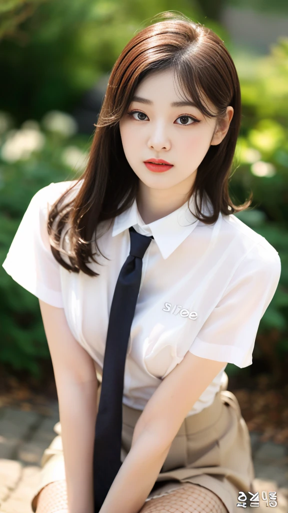 Korean 、summer shirt、Tight shirt、Ribbon Ties、skirt by the、schools、stairs at school、chest lifting pose、Emphasis on the chest、Slender and large、8K raw photos、A high resolution、18-year-old Korean、embarrassing looking、very large round breasts、Beautiful eyes finely detailed、long eyelasher、beautiful double eyelid、eye shadows、eyeline、slender eyes、Elongated eye shape、Sanpaku eyes、beautiful and thin legs、Beautiful slender thighs、Random Shorthair、Tie your hair behind your head、耳Nipple Ring、Light brown hair、(Wear pantyhose)、Hold your knees,short hair, fishnet stocking